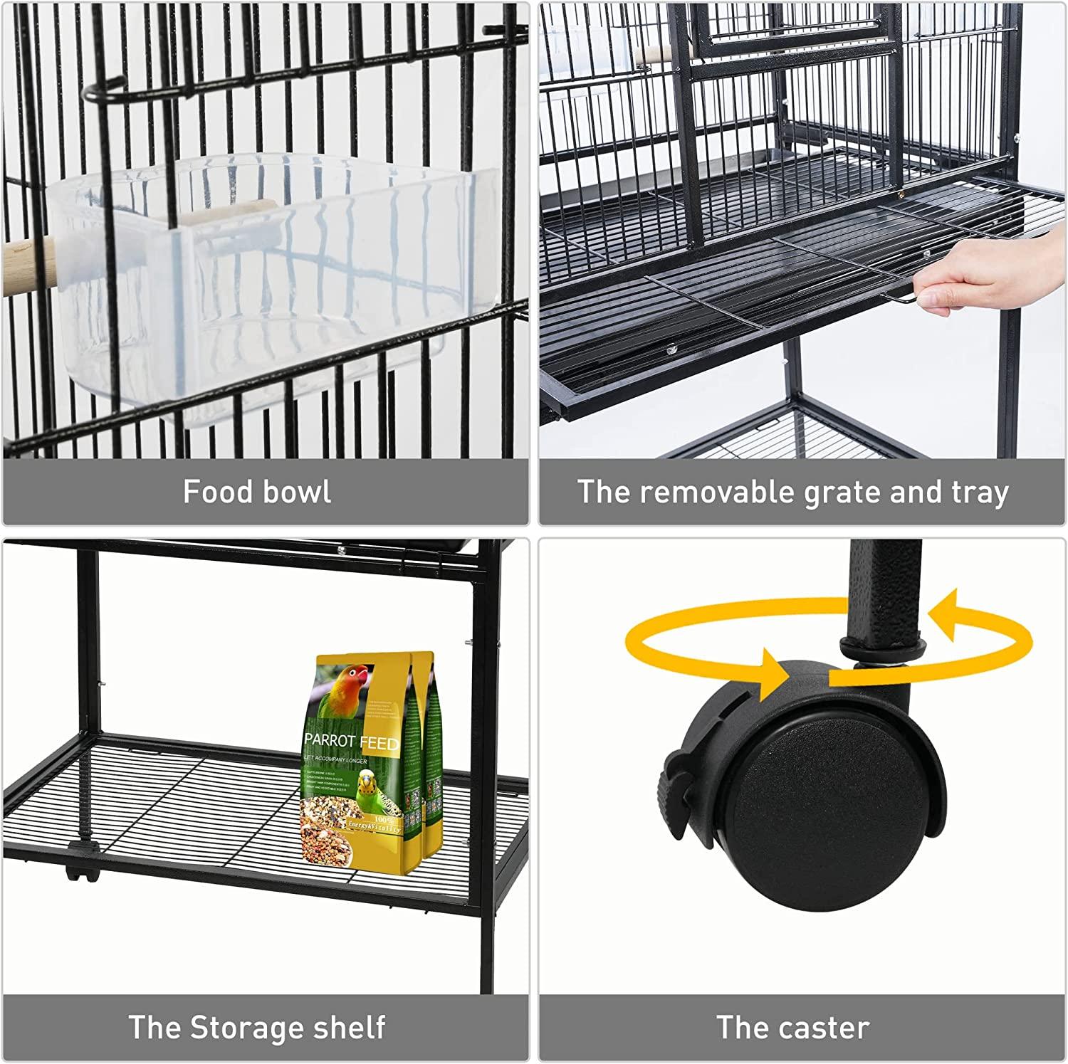 53 Inch Bird Cage with Rolling Stand & Storage Shelf, Large Iron Parrot Cage for Cockatiel, Conure, Lovebird, Parakeets - Bosonshop