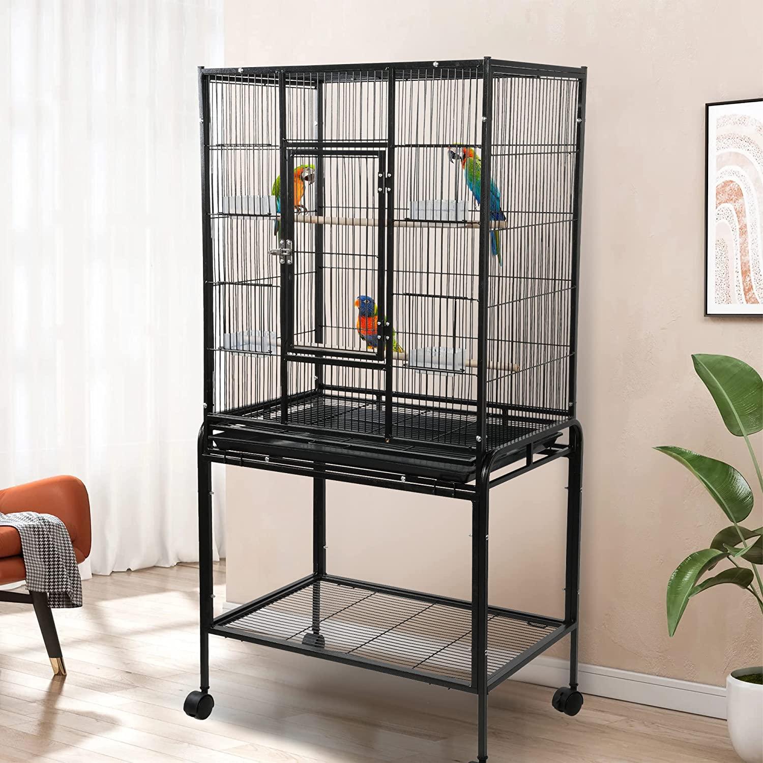 53 Inch Bird Cage with Rolling Stand & Storage Shelf, Large Iron Parrot Cage for Cockatiel, Conure, Lovebird, Parakeets - Bosonshop