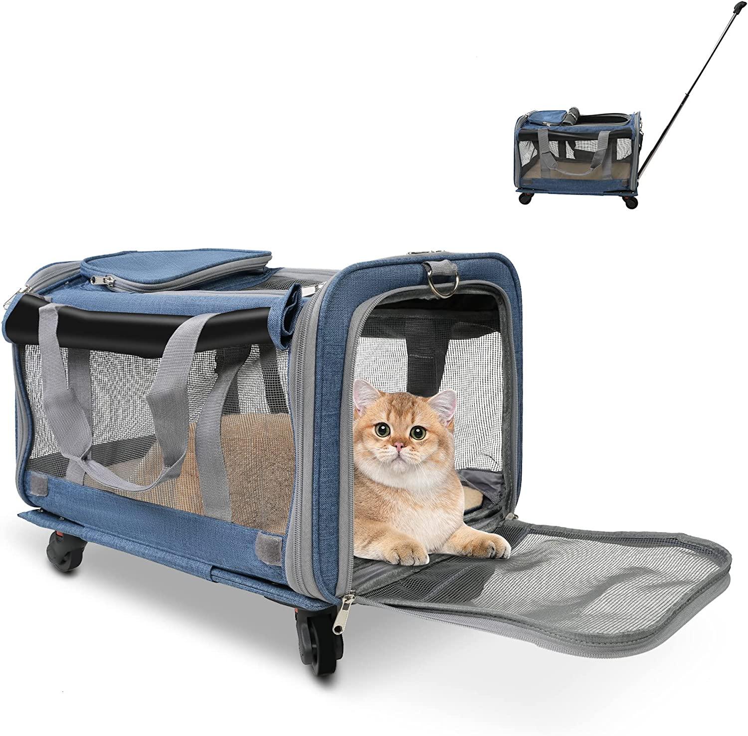 Cat Carriers with Wheels, Airline Approved Pet Travel Carriers with Breathable Mesh, Safe Locking Zippers - Bosonshop