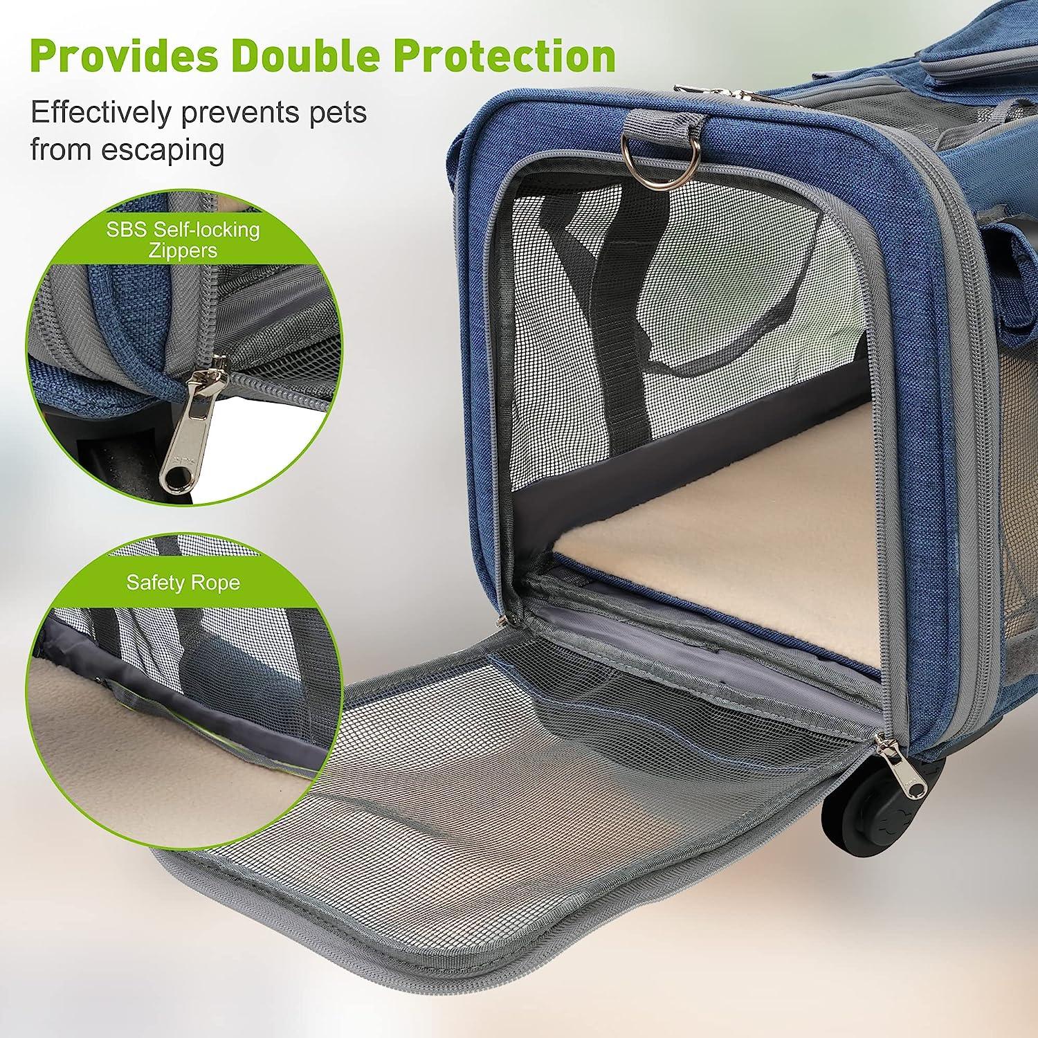 Cat Carriers with Wheels, Airline Approved Pet Travel Carriers with Breathable Mesh, Safe Locking Zippers - Bosonshop