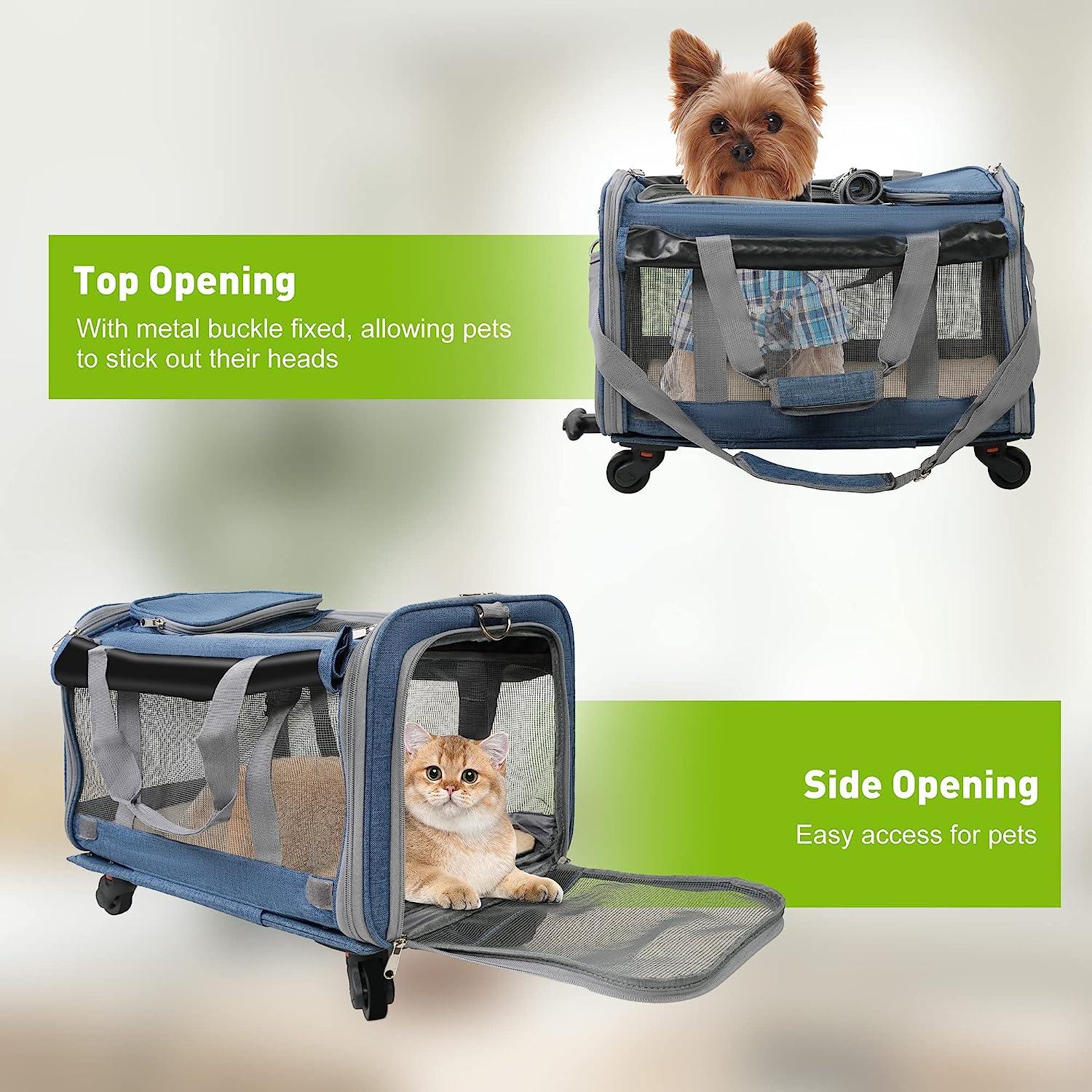 Cat Carriers with Wheels, Airline Approved Pet Travel Carriers with Breathable Mesh, Safe Locking Zippers - Bosonshop