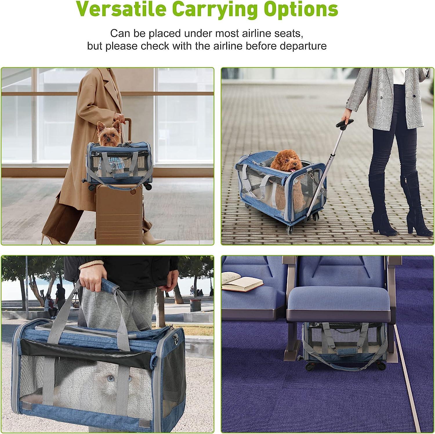 Cat Carriers with Wheels, Airline Approved Pet Travel Carriers with Breathable Mesh, Safe Locking Zippers - Bosonshop