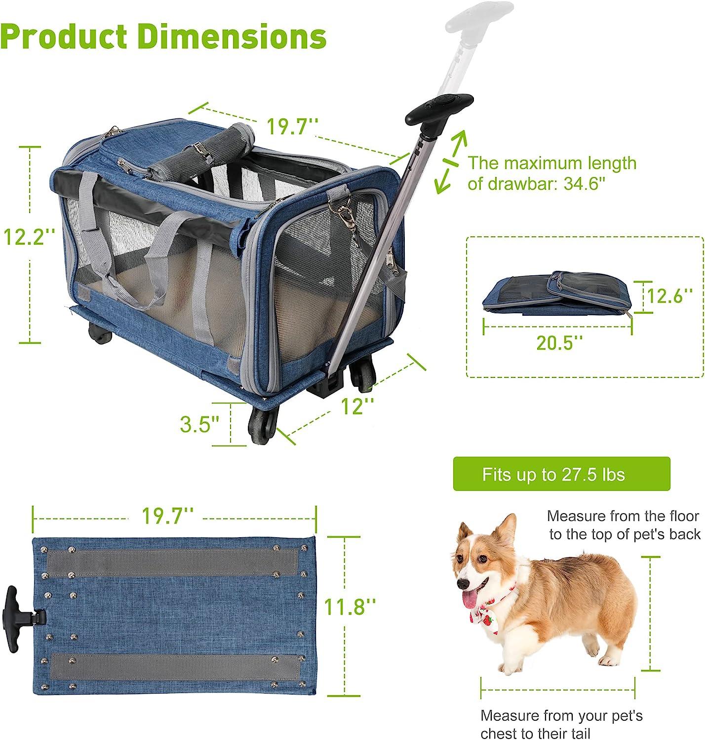 Cat Carriers with Wheels, Airline Approved Pet Travel Carriers with Breathable Mesh, Safe Locking Zippers - Bosonshop