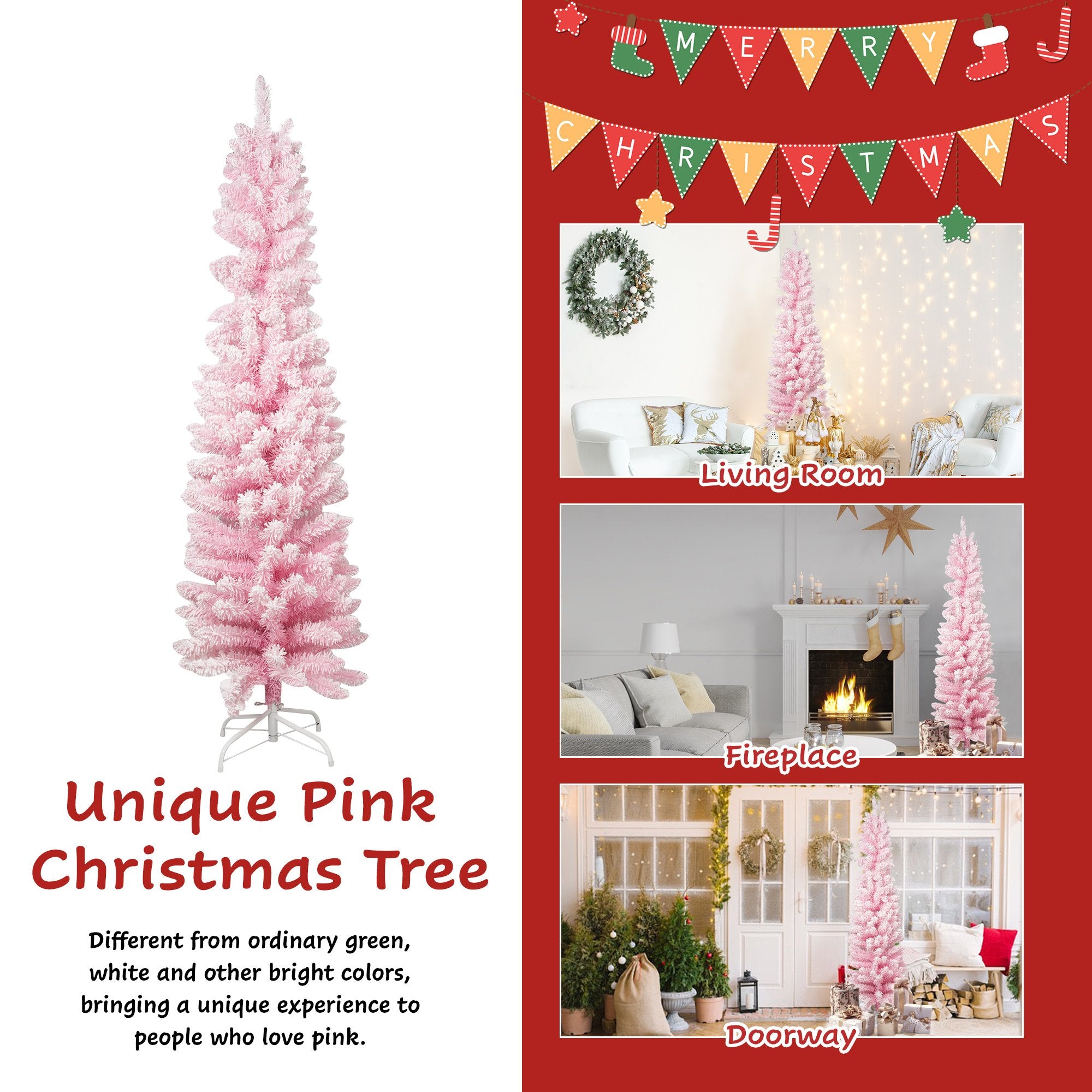 6ft Pink Christmas Tree Artificial Xmas Tree with 320 Branch Tips and Metal Frame