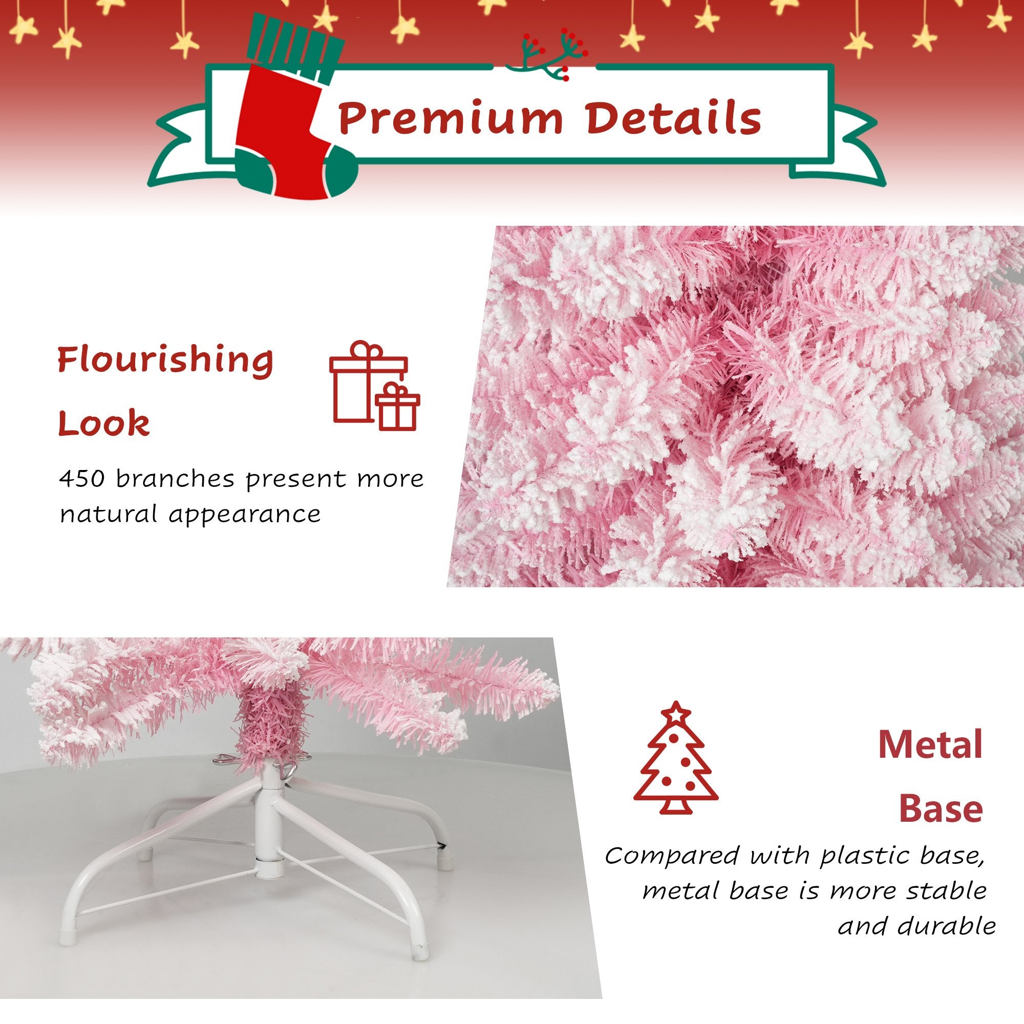 6.9ft Pink Christmas Tree Artificial Xmas Tree with 320 Branch Tips, Metal Frame - Bosonshop