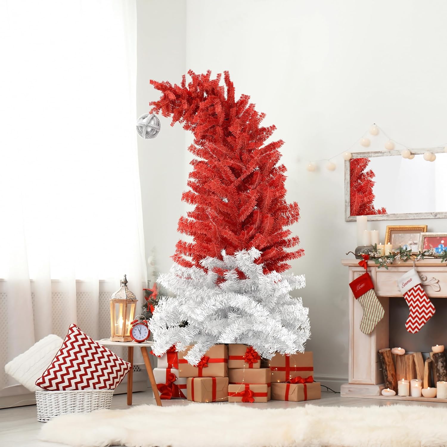 6ft Bendable Santa Hat Style Artificial Christmas Fir Tree Bent Top Xmas Tree with Metal Stand, 1050 Lush Branch Tips - Bosonshop