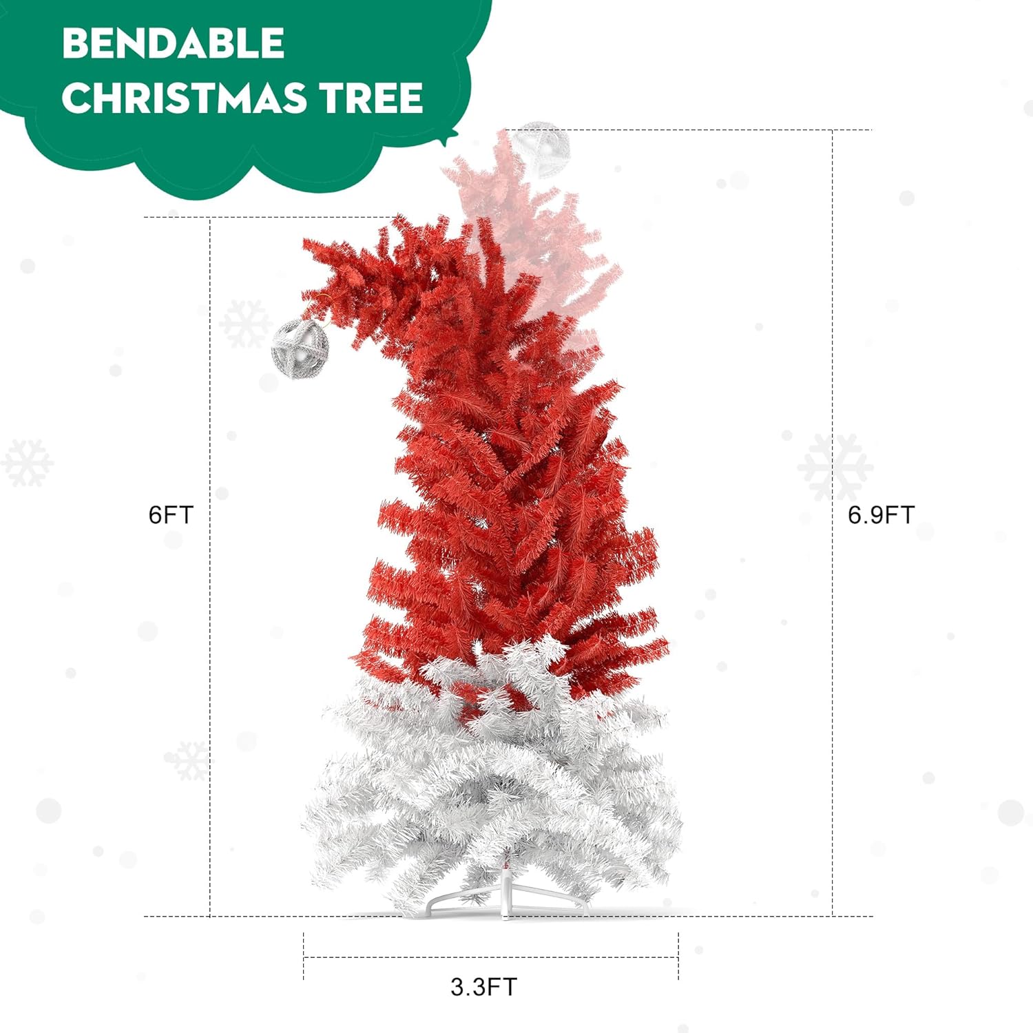 6ft Bendable Santa Hat Style Artificial Christmas Fir Tree Bent Top Xmas Tree with Metal Stand, 1050 Lush Branch Tips - Bosonshop