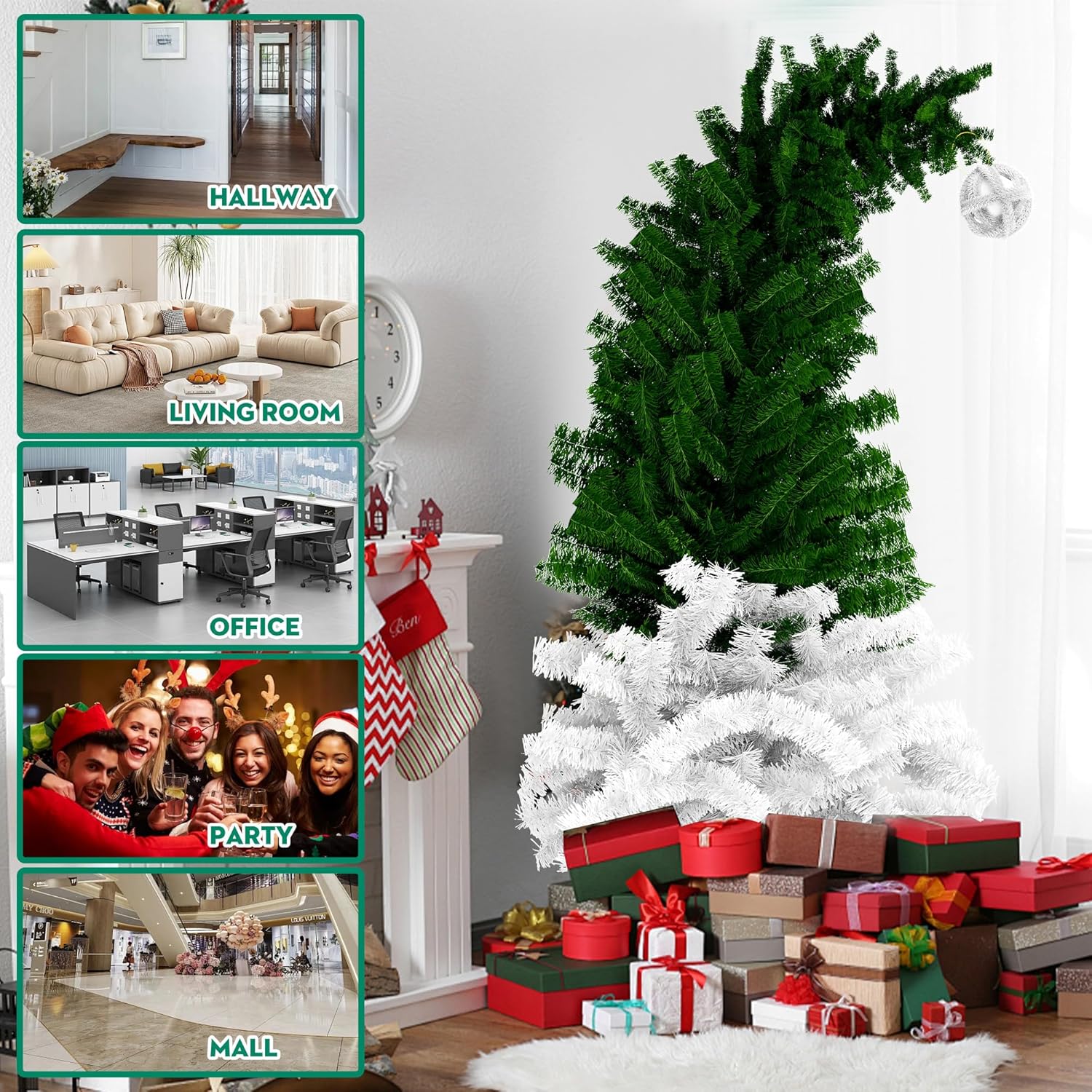 6ft Bendable Santa Hat Style Artificial Christmas Fir Tree Bent Top Xmas Tree with Metal Stand, 1050 Lush Branch Tips