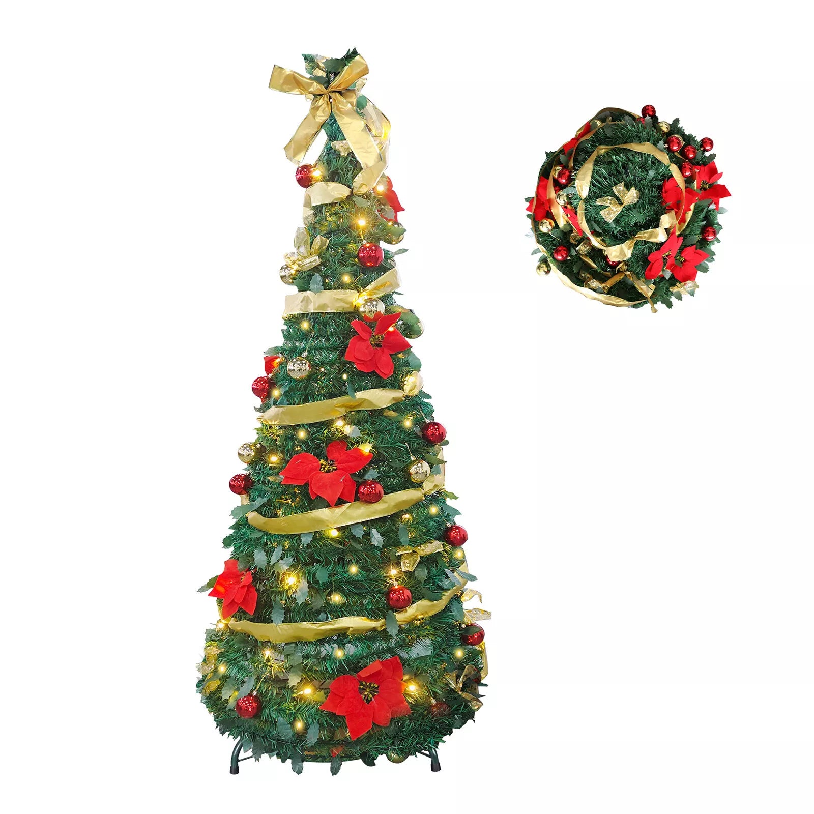 6ft Pre-Lit Collapsible Artificial Christmas Tree Pre-Decorated Pop Up Xmas Tree with 200 Lights, Gold and Red Balls, Bows, Flowers