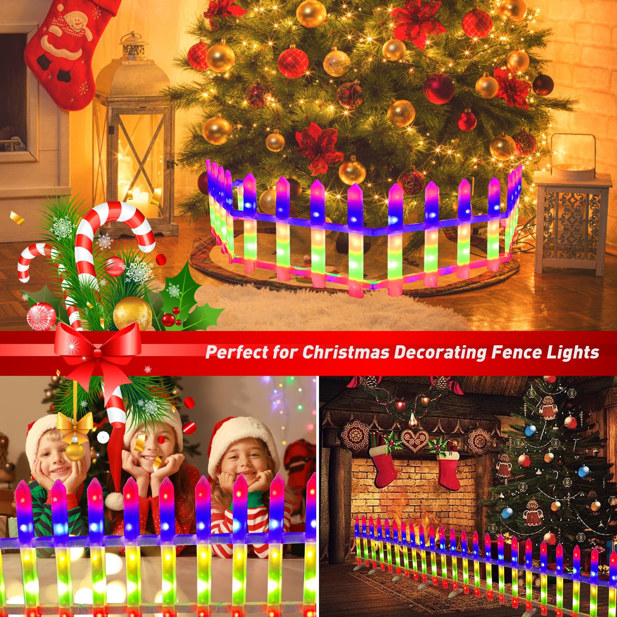 8 PCS Lighted Garden Picket Fence Plug-in Multi-Color LED Lights Christmas Tree Decoration