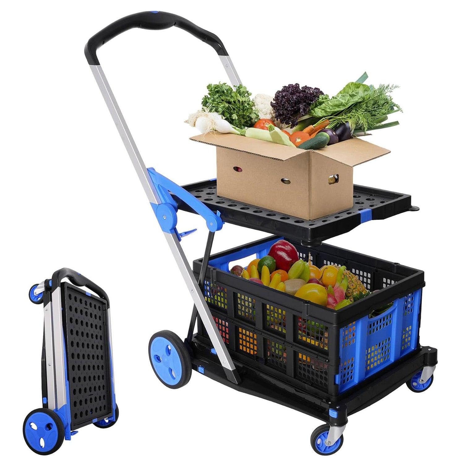 2-Tier Collapsible Cart with Crate Multi-Functional Foldable Trolley with Rolling Swivel Wheels - Bosonshop