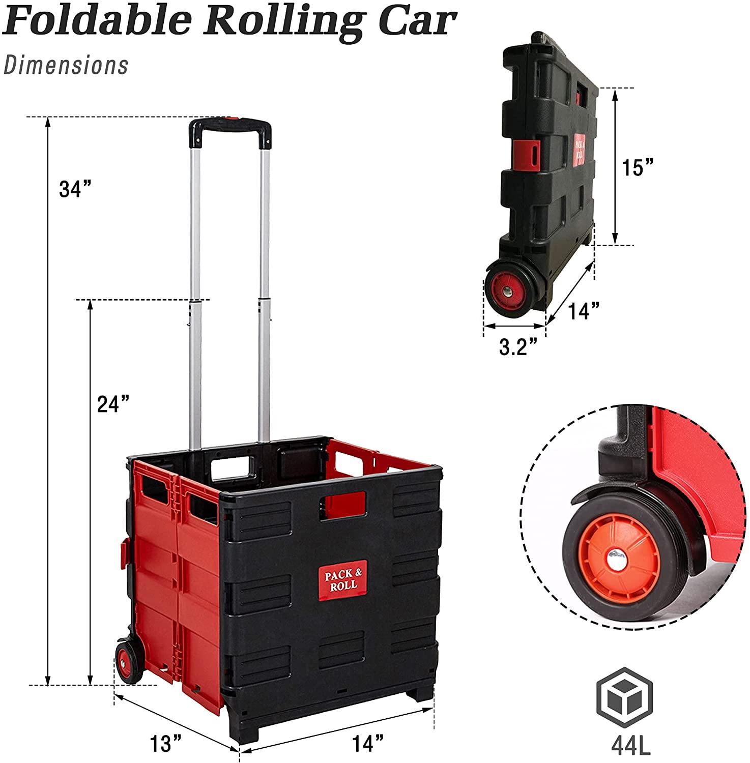 6 Pack Collapsible Rolling Crate Utility Cart 44L Foldable Grocery Cart with Wheels(Red, Medium) - Bosonshop