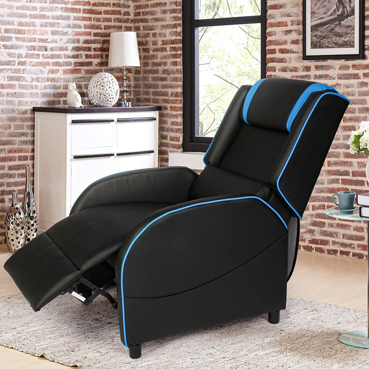 Racing Recliner Chair PU Leather Single Sofa Adjustable Gaming Style Seating Recliner Sofa Living Room Recliner, Blue - Bosonshop