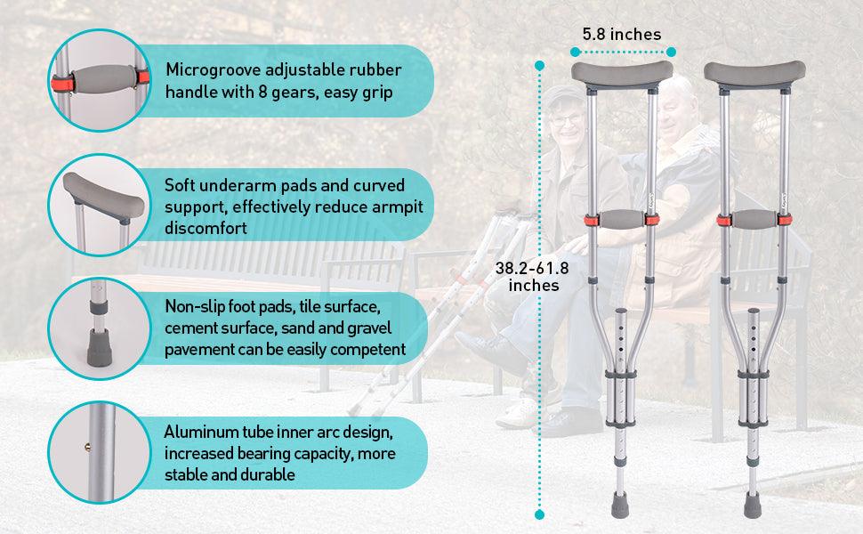 1 Pair Lightweight Adjustable Underarm Crutches with Underarm Pads Folding Aluminum, 8 Adjustable Height for 4'7" to 6'7" - Bosonshop