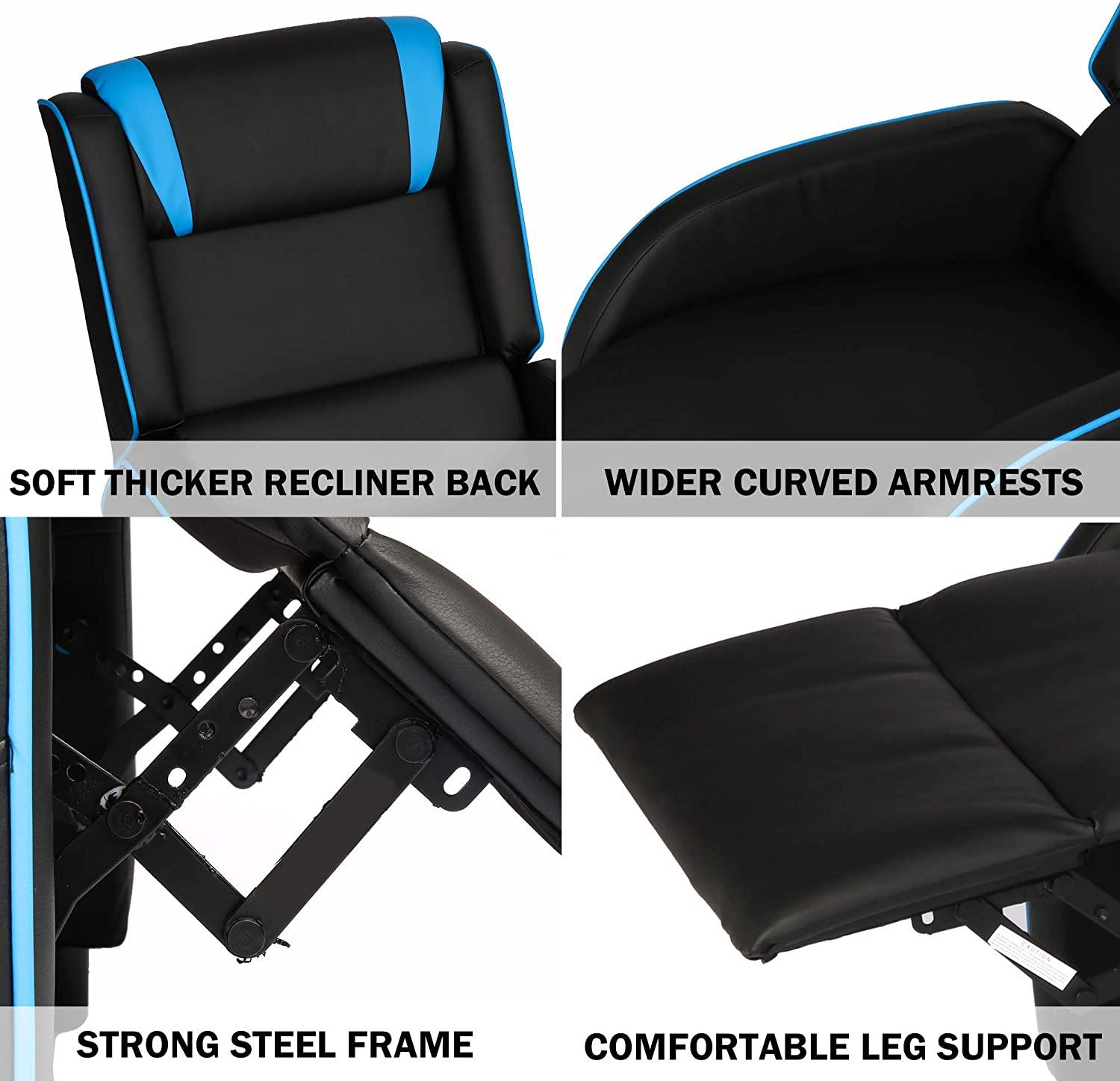 Racing Recliner Chair PU Leather Single Sofa Adjustable Gaming Style Seating Recliner Sofa Living Room Recliner, Blue - Bosonshop