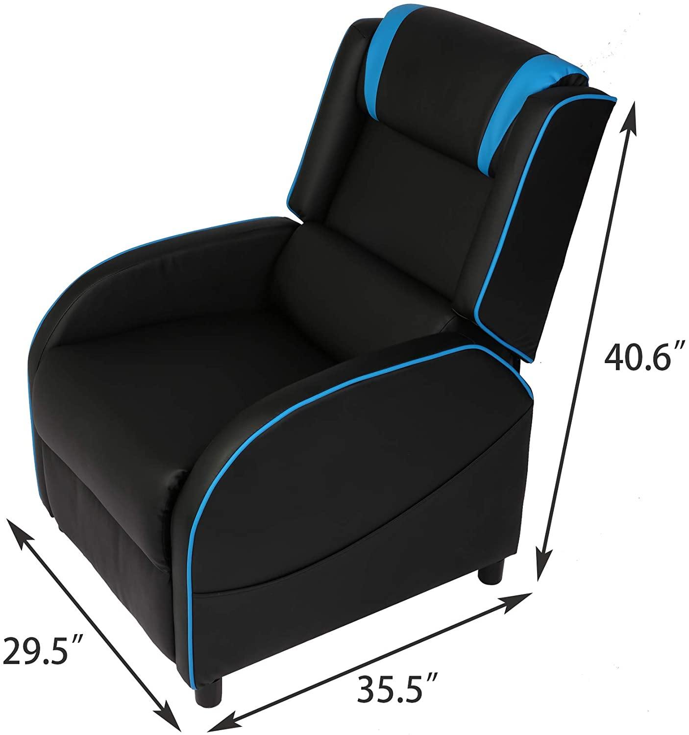 Racing Recliner Chair PU Leather Single Sofa Adjustable Gaming Style Seating Recliner Sofa Living Room Recliner, Blue - Bosonshop