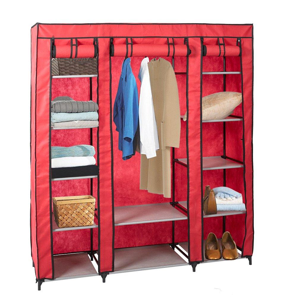 Bosonshop 59" Clothes Closet Portable Storage Organizer with Hanging Rod, Nonwoven Fabric, 12 Storage Shelves-Red