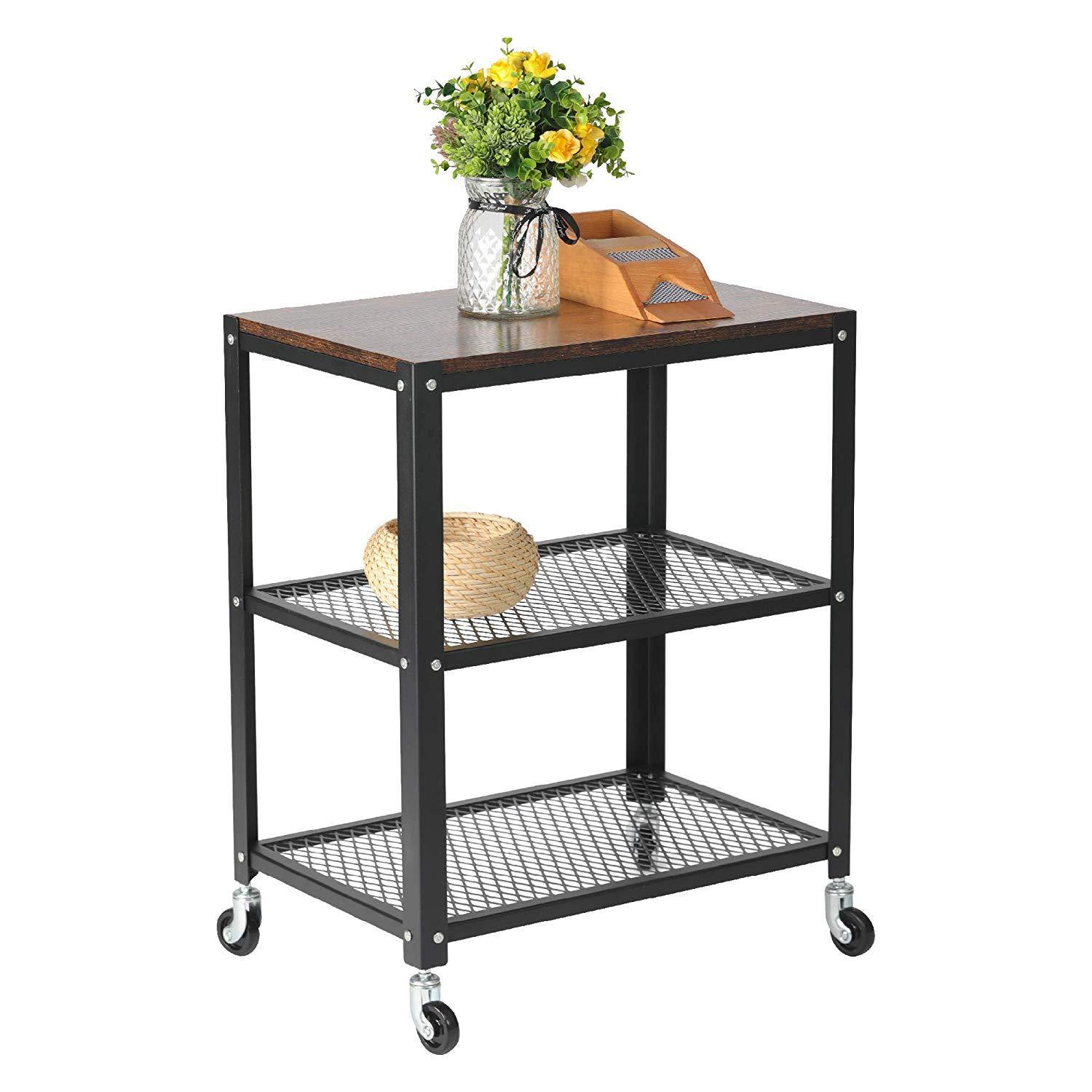 Modern Style Storage Rack with Wheels 3 Tiers Storage Shelf Steel Movable Shelf Display Rack, Black/Brown - Bosonshop