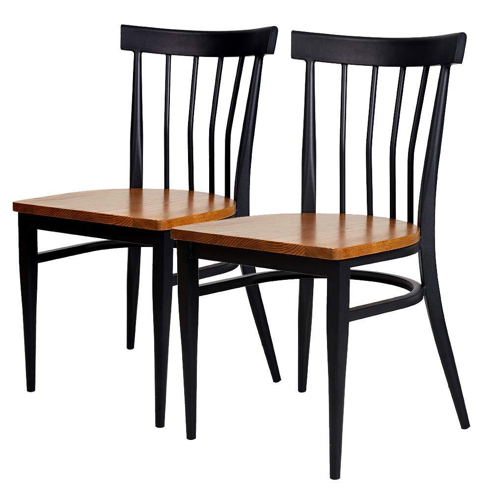 Bosonshop 2 Packs Slat Back Dining Chairs Metal Leg Side Chairs with Wood Seat, Black