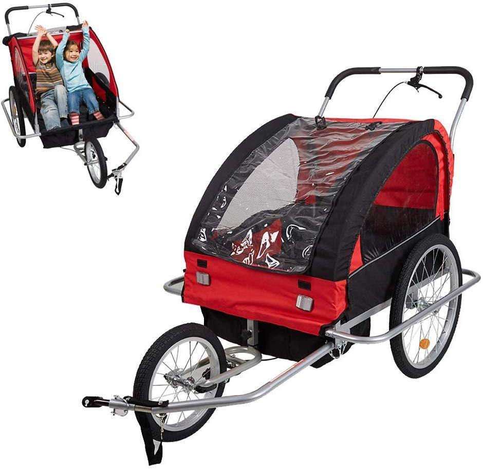 Double Child Kids Bike Trailer Bicycle Carrier 2-Seater Baby Stroller Jogger for Outdoor Travel Walking Cycling, 2-in-1, Red - Bosonshop