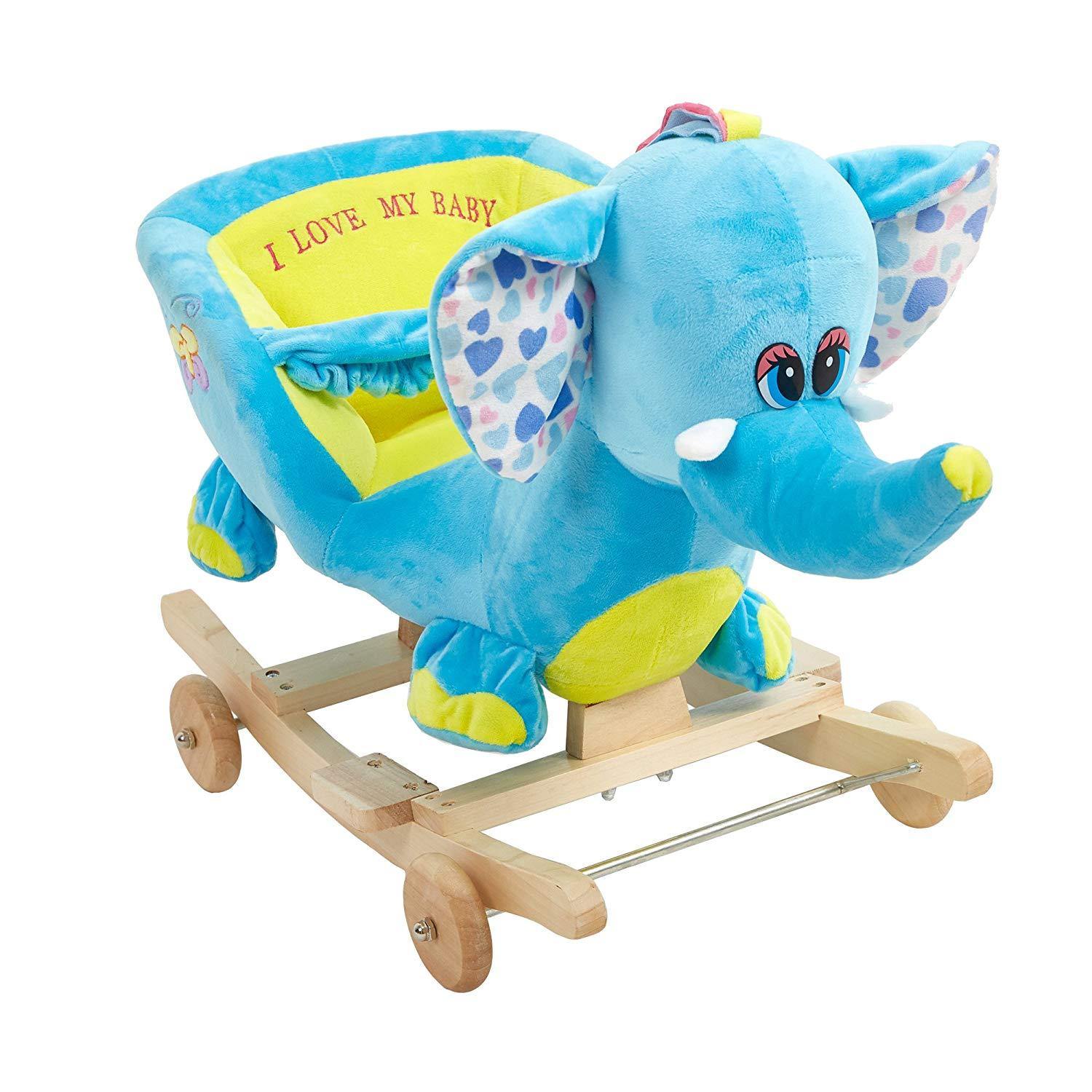 Bosonshop Plush Animal Rocking Horse with Wheels, Blue Elephant