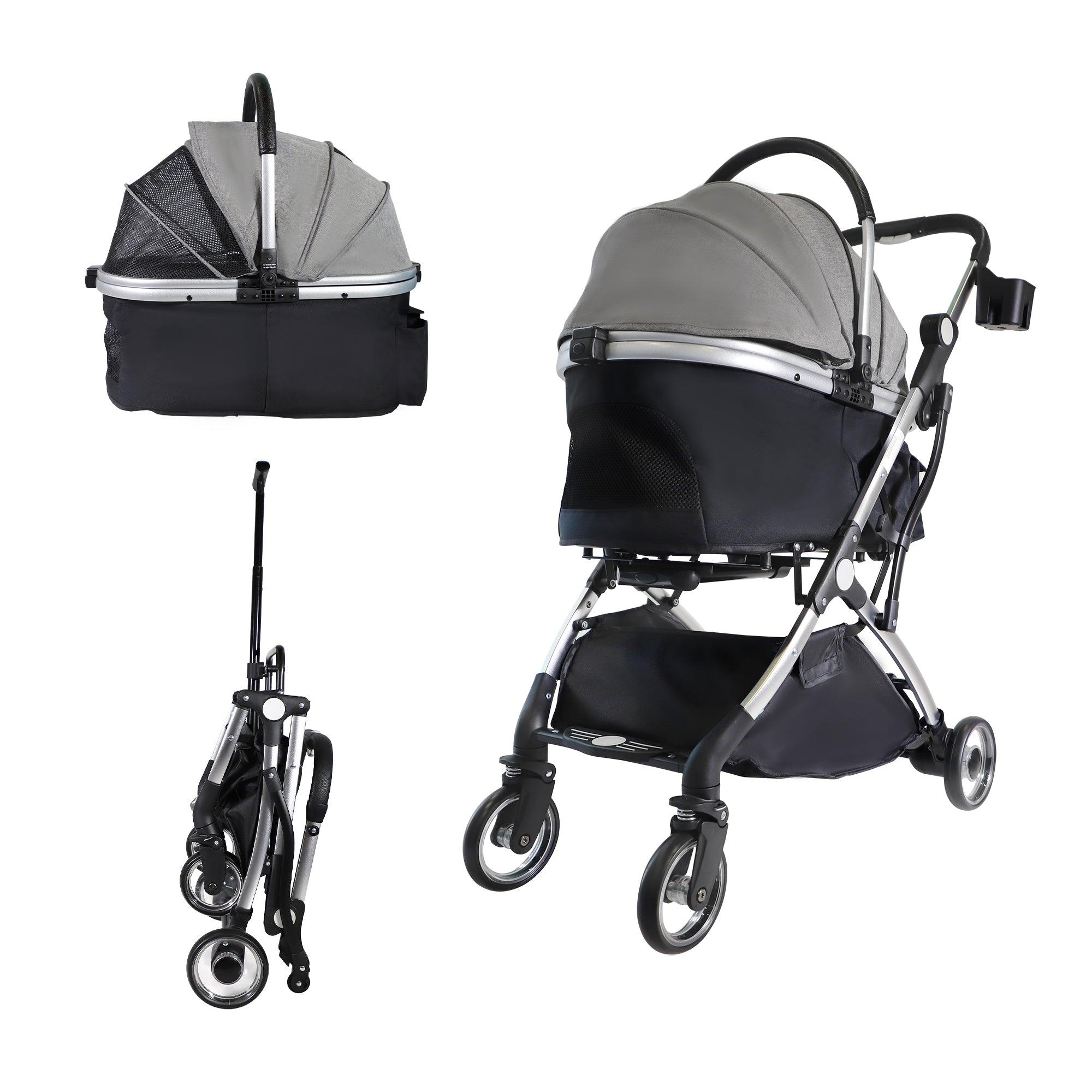 Foldable Pet Stroller 3 in 1 Design Detachable Carrier Telescopic Handle Aluminum Alloy Frame Up to 33 lbs Capacity Gray - Bosonshop