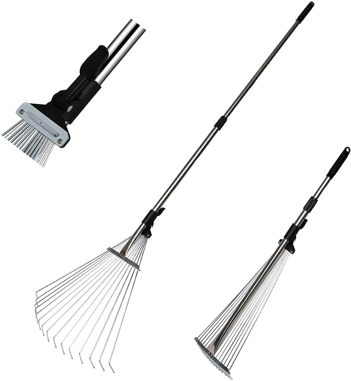 Garden Leaf Rake Adjustable Lightweight 62.6 Inches Telescopic Metal Rake with Expandable 7.5”-20” Width Folding Head - Bosonshop