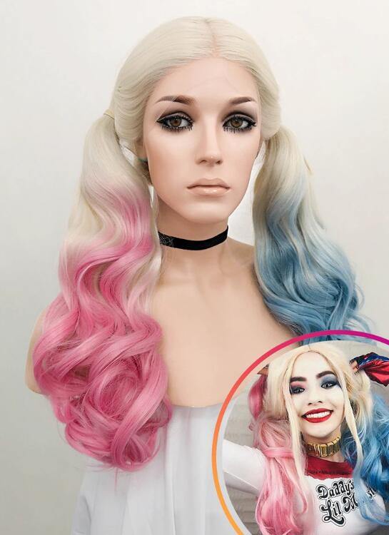 Wavy Blonde Harley Quinn Synthetic Pink Blue Ponytail Lace Front Wig - Bosonshop