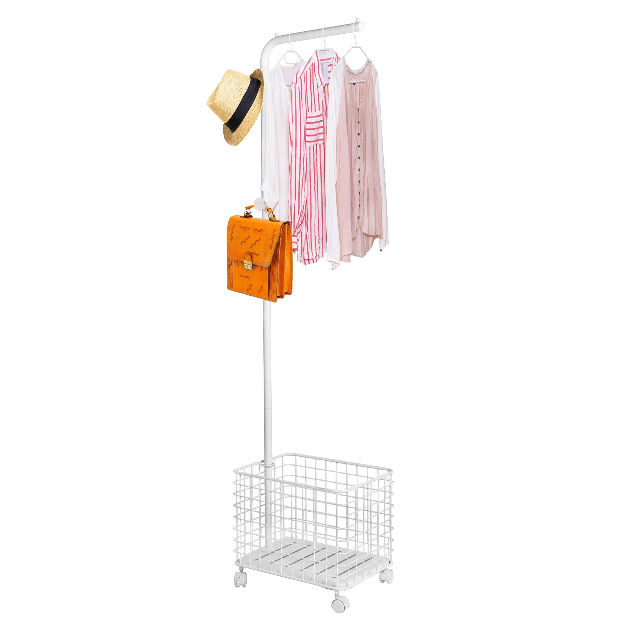 Laundry Cart Wire Basket with Rolling Clothes Garment Rack, White - Bosonshop