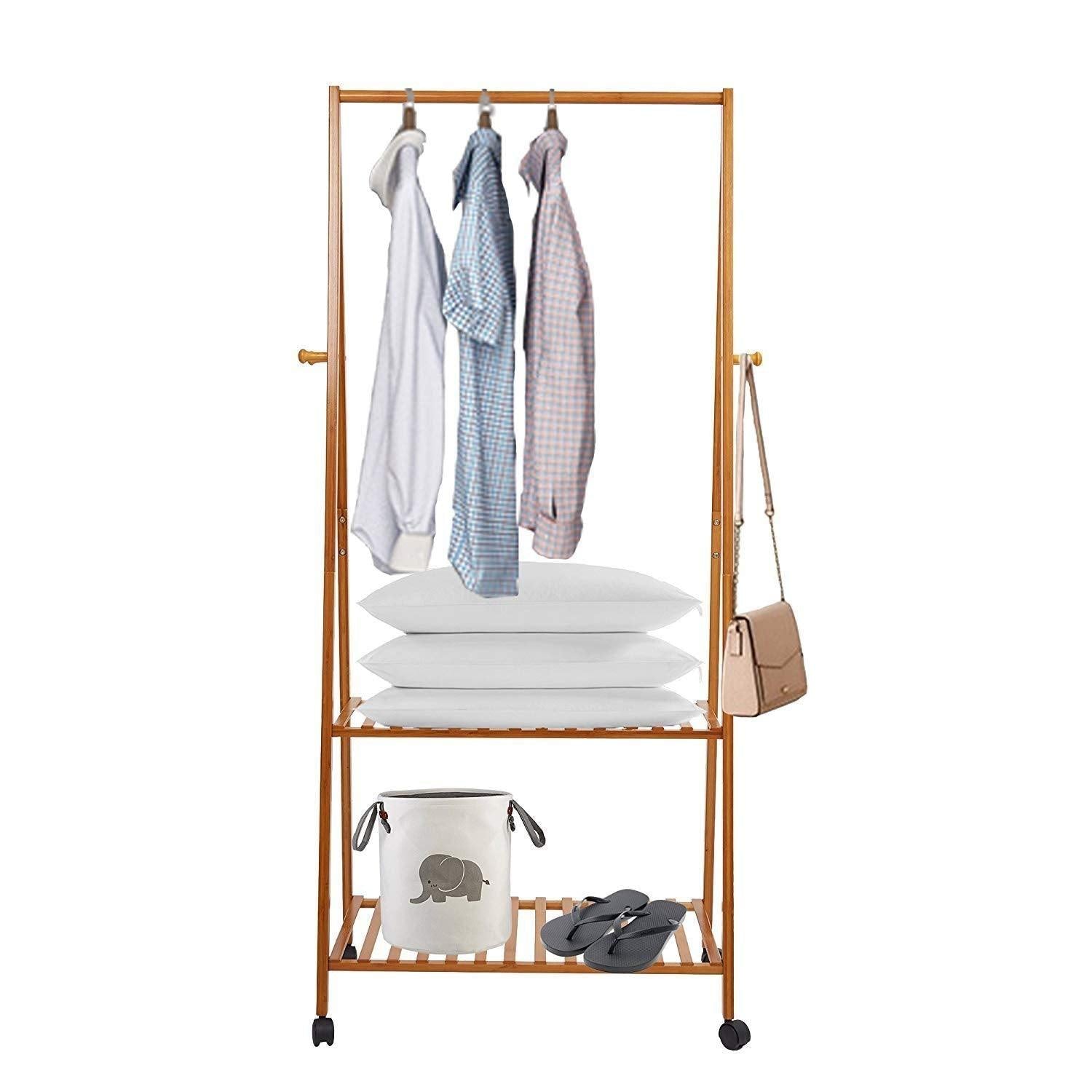 Bosonshop Bamboo Garment Clothing Rack with Wheels and Hooks