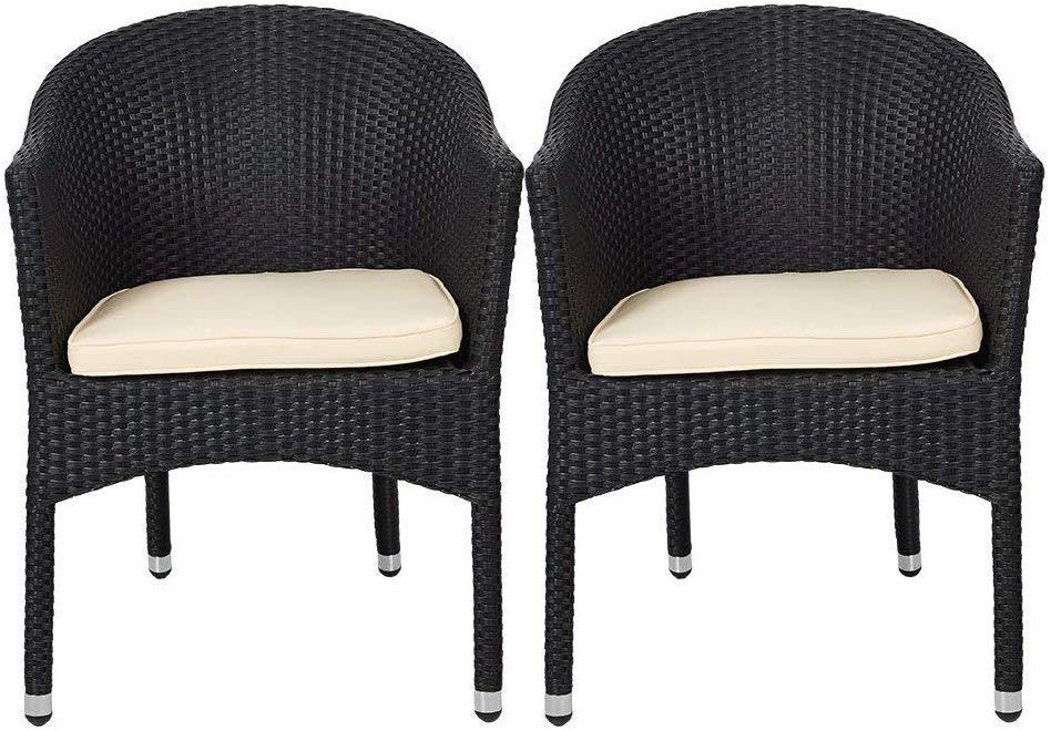 Patio Rattan Chair Set of 2 Stackable Coffee Dining Wicker Chair with Cushions & Arm, Black - Bosonshop