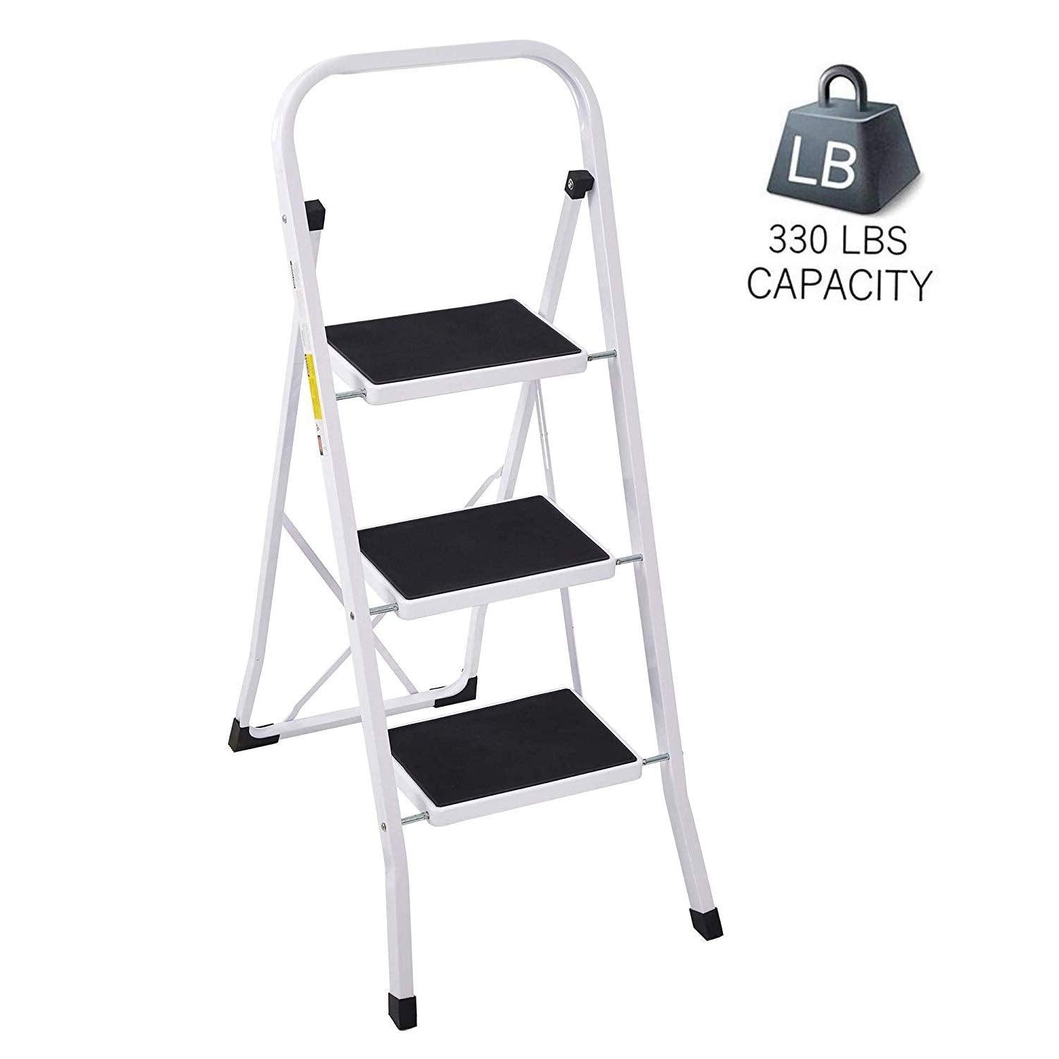 Bosonshop Folding Compact Portable 3 Step Ladder 330 lb Capacity, White