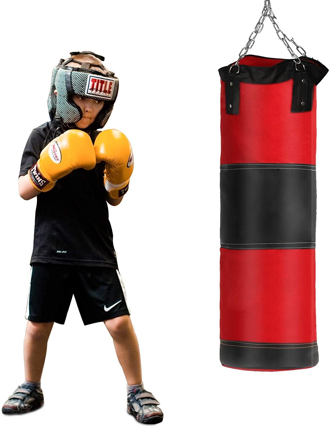 Punching Heavy Bag Workout Hanging Boxing Bag Empty with Chain for Fitness Muay Thai Training (Red) - Bosonshop