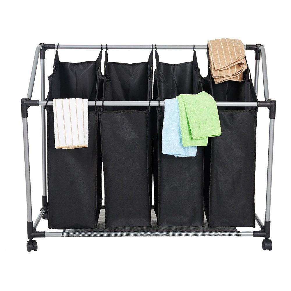 Bosonshop Heavy-Duty 4-Bag Rolling Laundry Sorter Storage Cart, Bag Laundry Organizer with Wheels（Black）