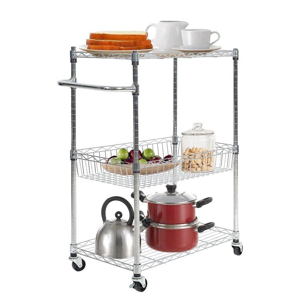 Bosonshop 3 Tier Wire Rolling Cart,Kitchen and Microwave Cart with Basket,Chrome Finish