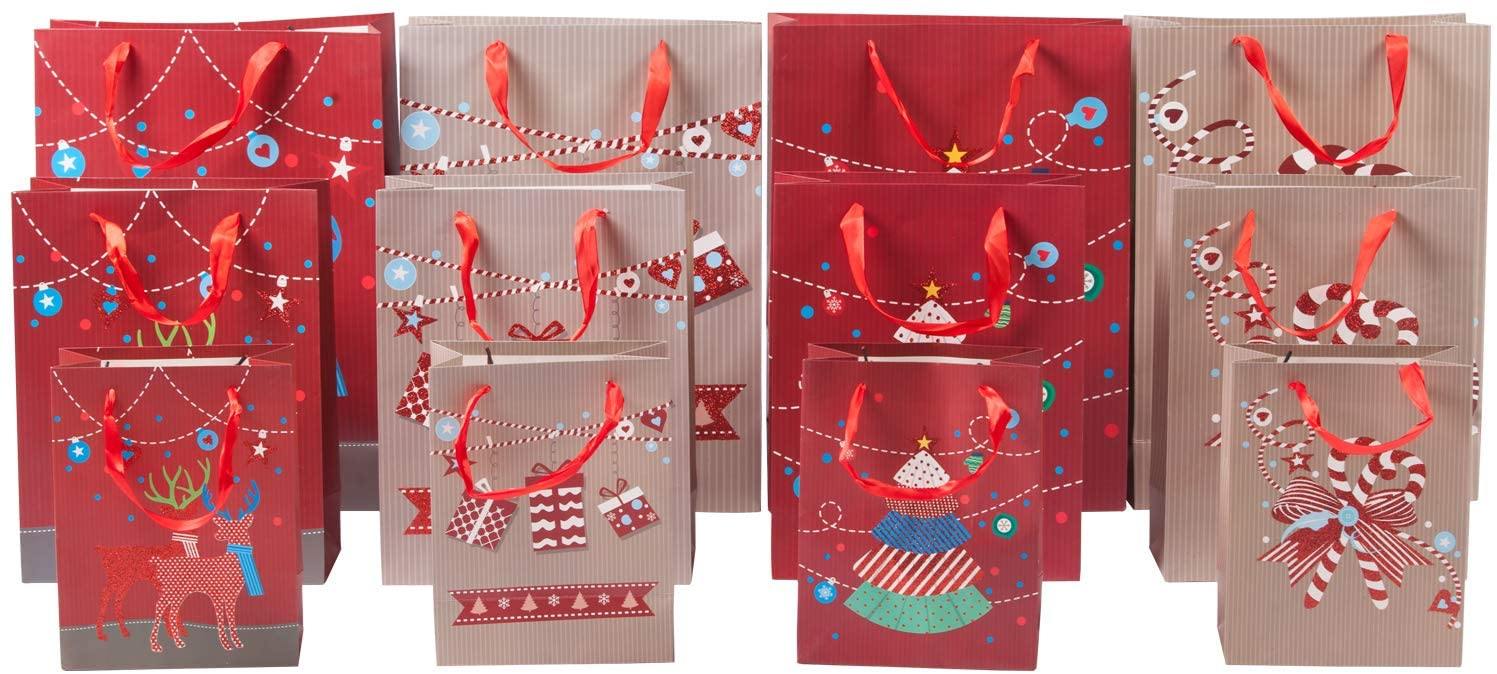 Christmas Paper Gift Bags Bulk Assortment 1 Dozen Holiday Themes Print Gift Bags with Handles 3 Sizes 4 Patterns Celebration - Bosonshop