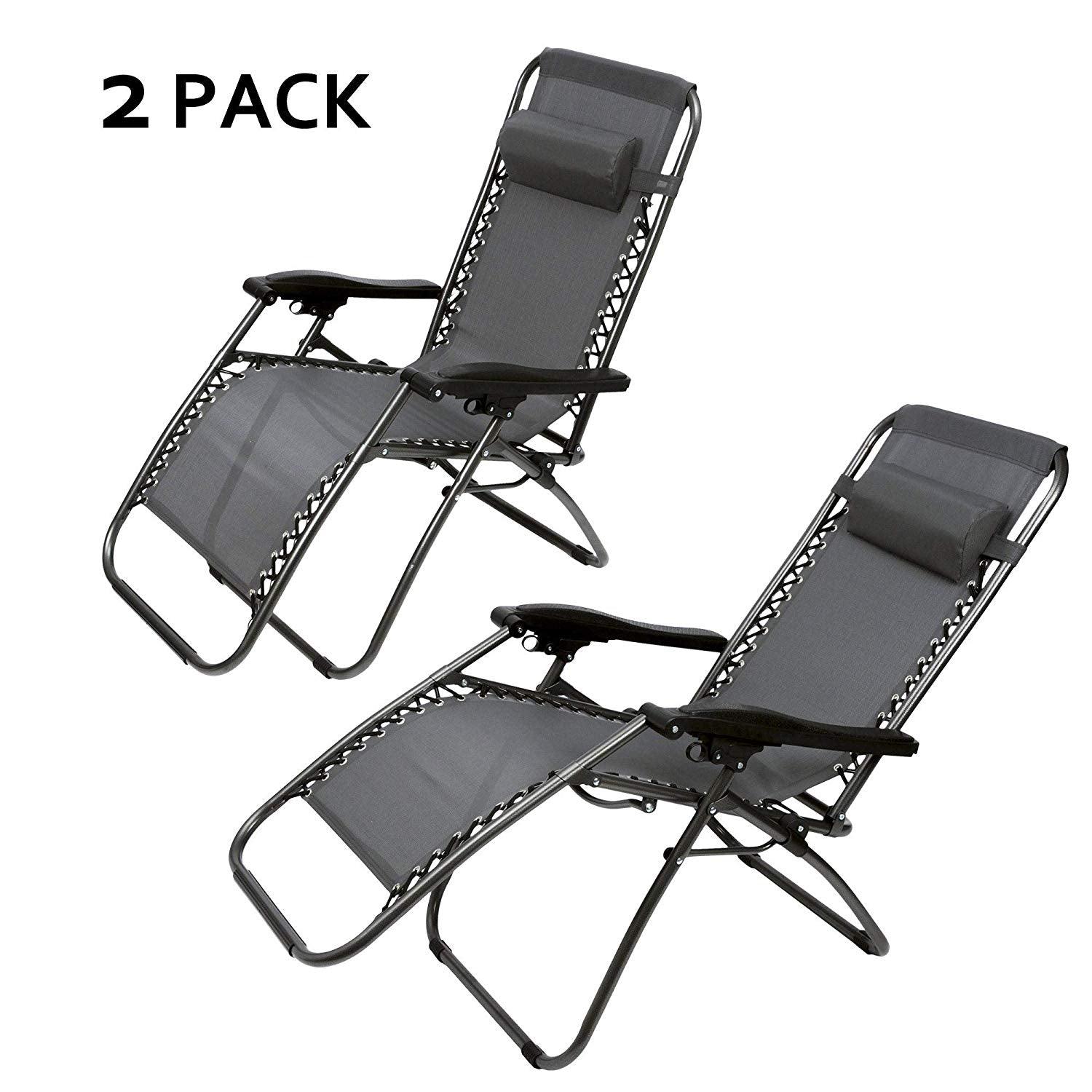 Bosonshop Zero Gravity Patio Adjustable Folding Reclining Chair with Pillow, 2PC Grey