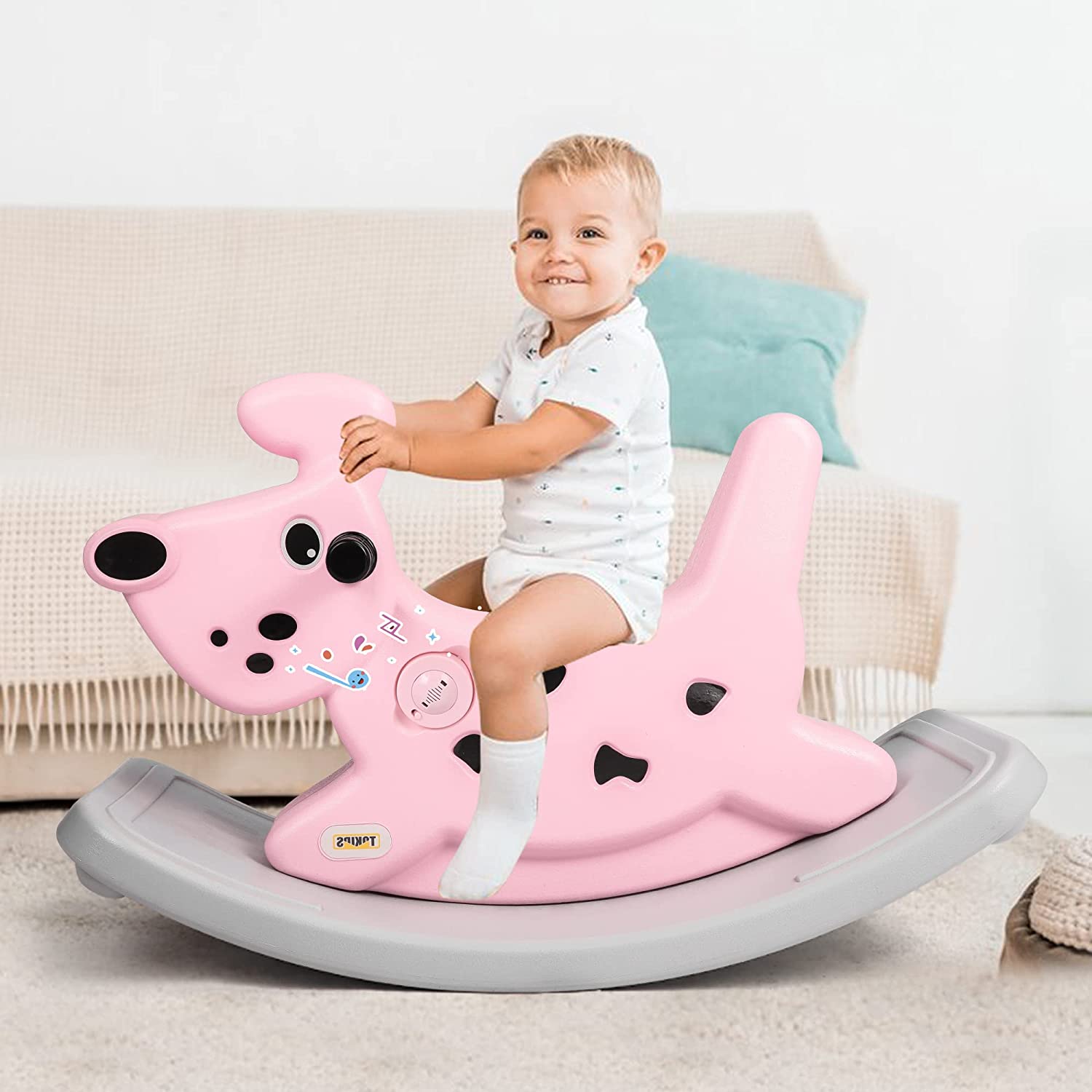 Rocking Horse Outdoor Rocking Toy with Music for Toddler Baby Kids Ages 1-3 Year Old Boy Girl Pink - Bosonshop