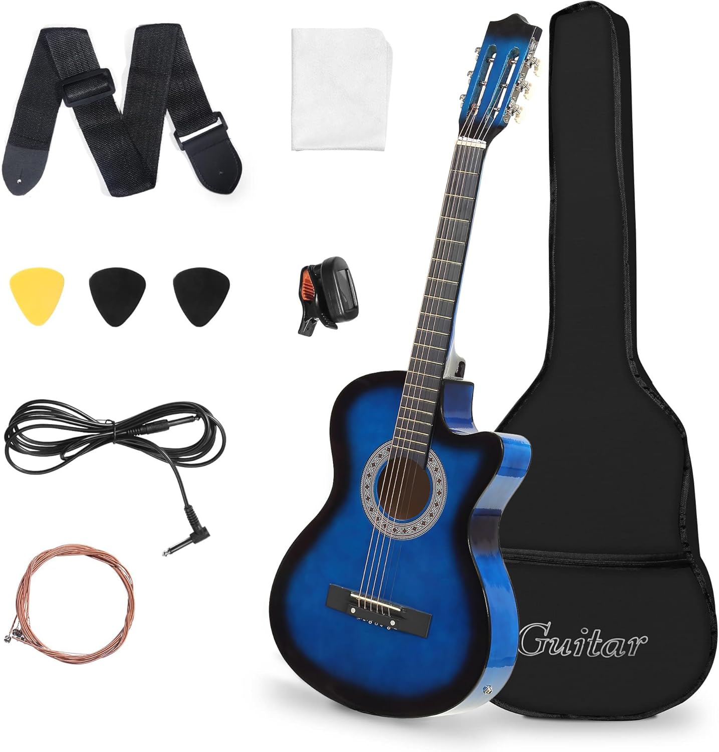 38 In Acoustic-Electric Cutaway Guitar Beginner Kit All Wood Classical Guitar for Teens Kids Adults with 4-Band EQ Case, Strap, Picks, Tune - Bosonshop