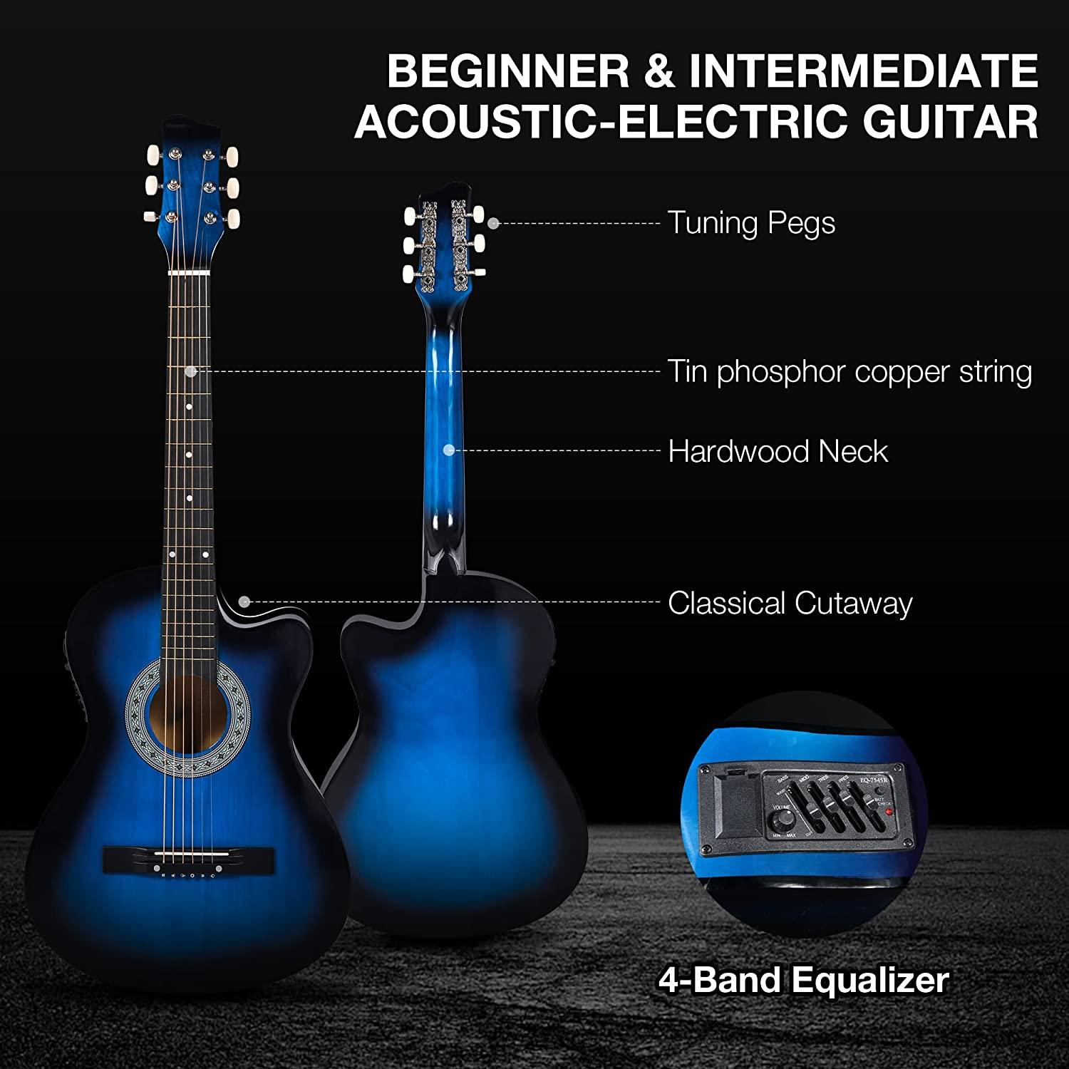 38 In Acoustic-Electric Cutaway Guitar Beginner Kit All Wood Classical Guitar for Teens Kids Adults with 4-Band EQ Case, Strap, Picks, Tune - Bosonshop