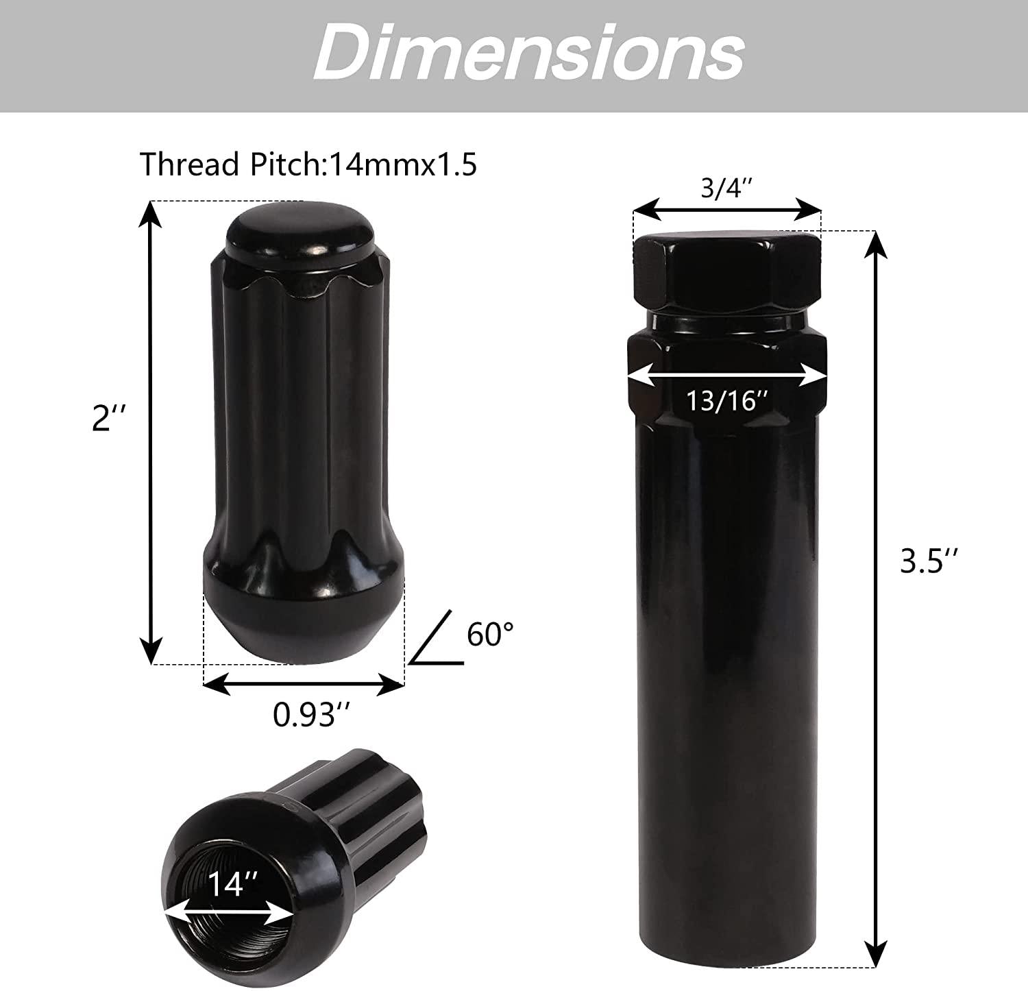 32 Black M14x1.5 Lug Nuts with 1 Socket Key, 2" Long/7 Spline with Cone Seat, Fits 8 Lug Aftermarket Wheels - Bosonshop