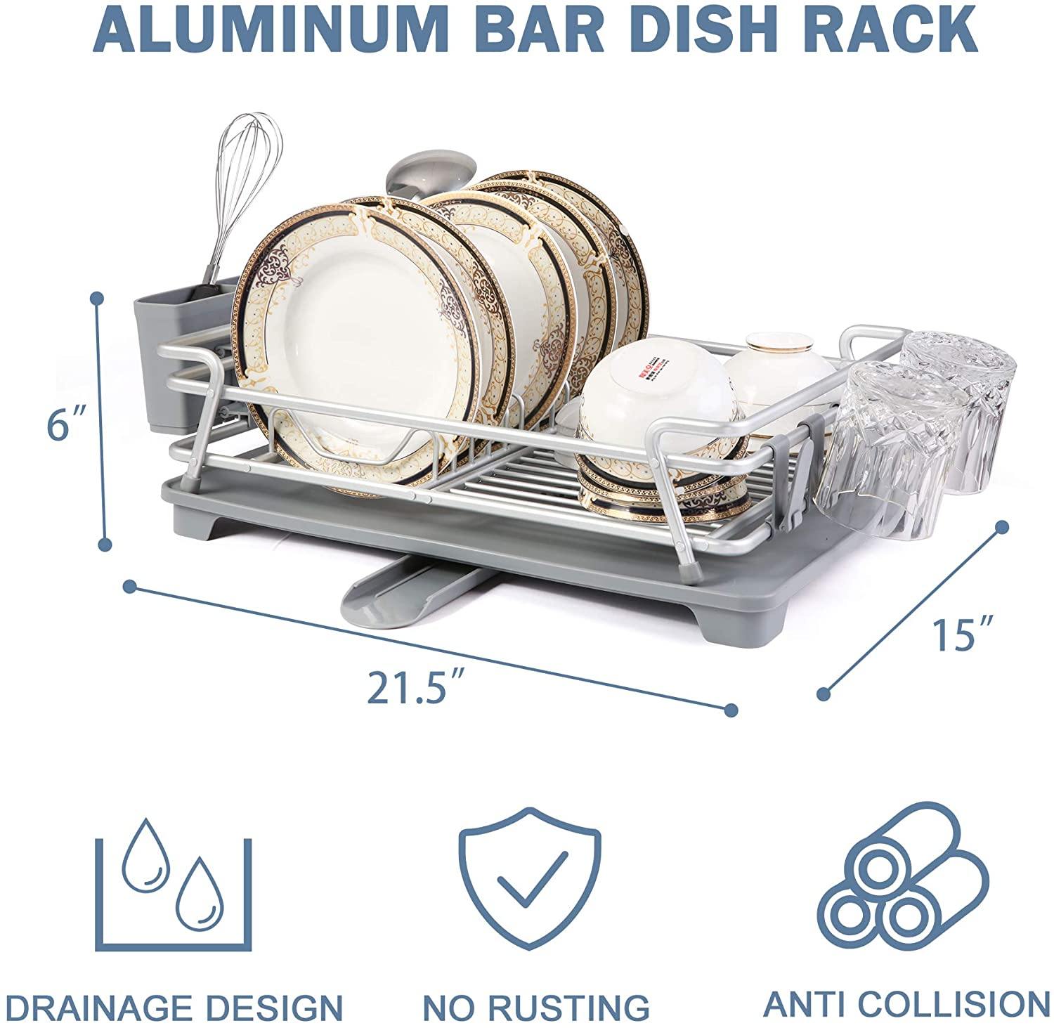 Dish Drying Rack with 360° Swivel Drain Board and Drain Spout, Grey - Bosonshop