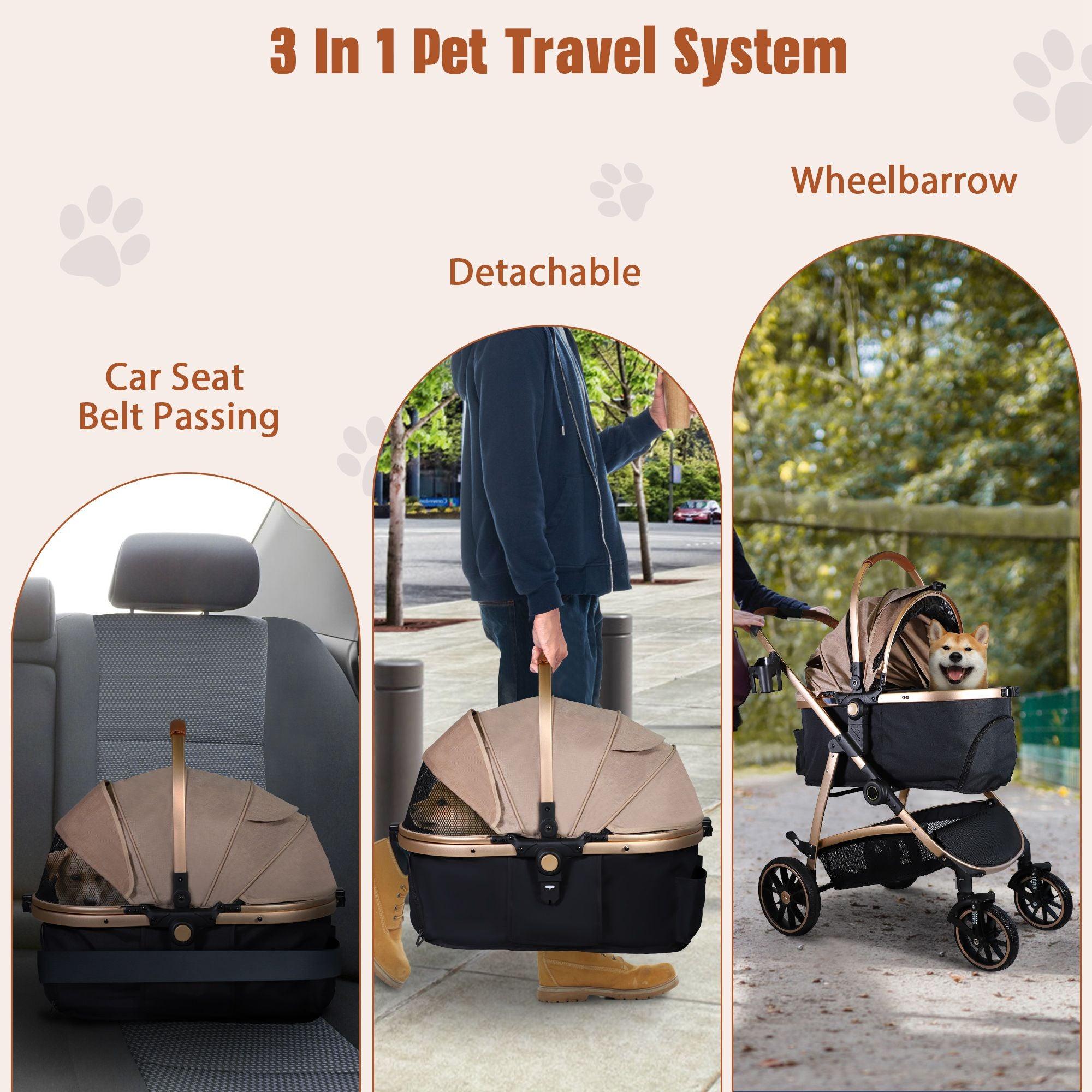 3 in 1 Foldable Aluminum Alloy Frame Pet Stroller No-Zip Dog Stroller with Detachable Carrier & Cup Holder, Up to 33 lbs, Gold - Bosonshop