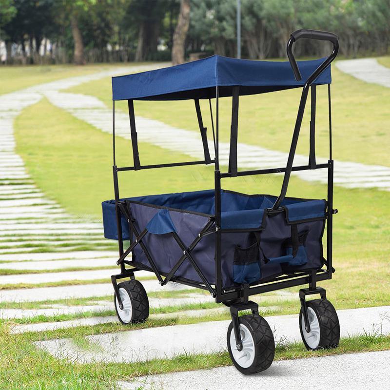 Outdoor Folding Wagon Collapsible Utility Cart with Removable Canopy and Storage Basket Blue - Bosonshop