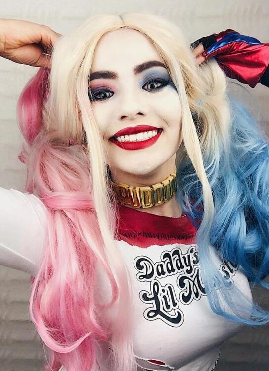 Wavy Blonde Harley Quinn Synthetic Pink Blue Ponytail Lace Front Wig - Bosonshop