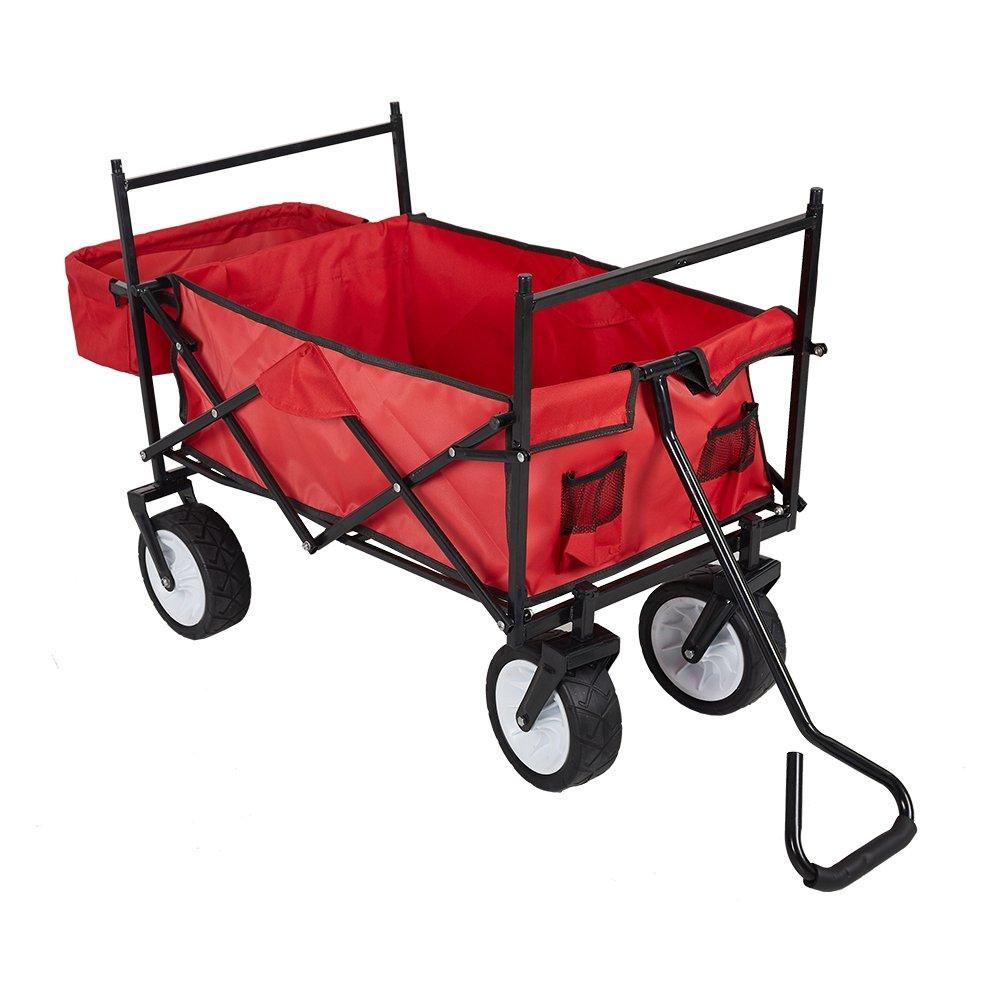 Bosonshop Outdoor Folding Wagon Collapsible Utility Cart with Removable Canopy and Storage Basket Red