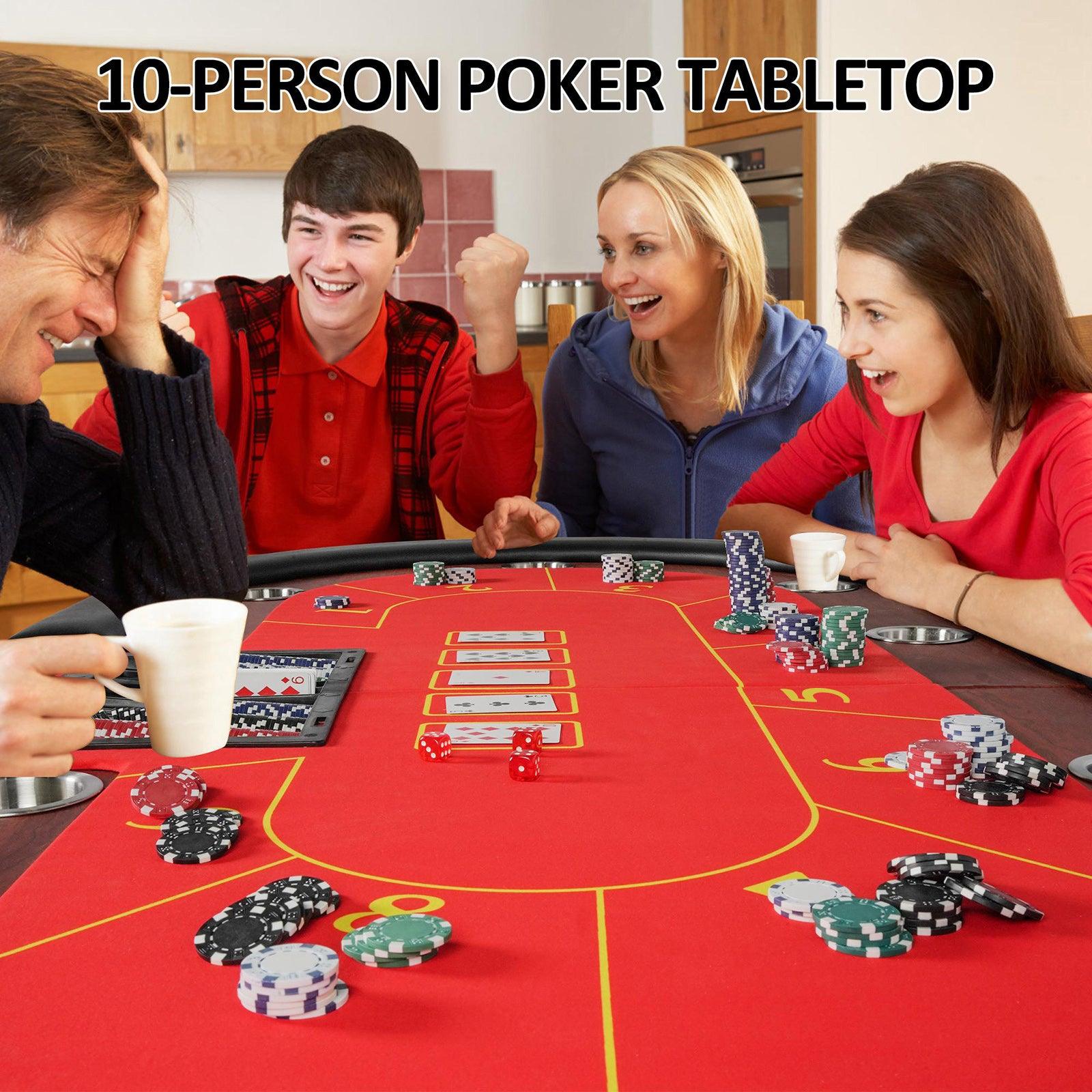 10 Players Foldable Poker Texas Holdem Table with Stainless Steel Cup Holders Padded Rails, Red - Bosonshop