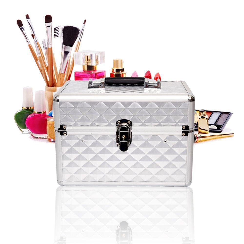 Professional Makeup Train Case with 6 Sliding Trays Portable Cosmetic Box Storage Organizer Aluminum Design - Bosonshop