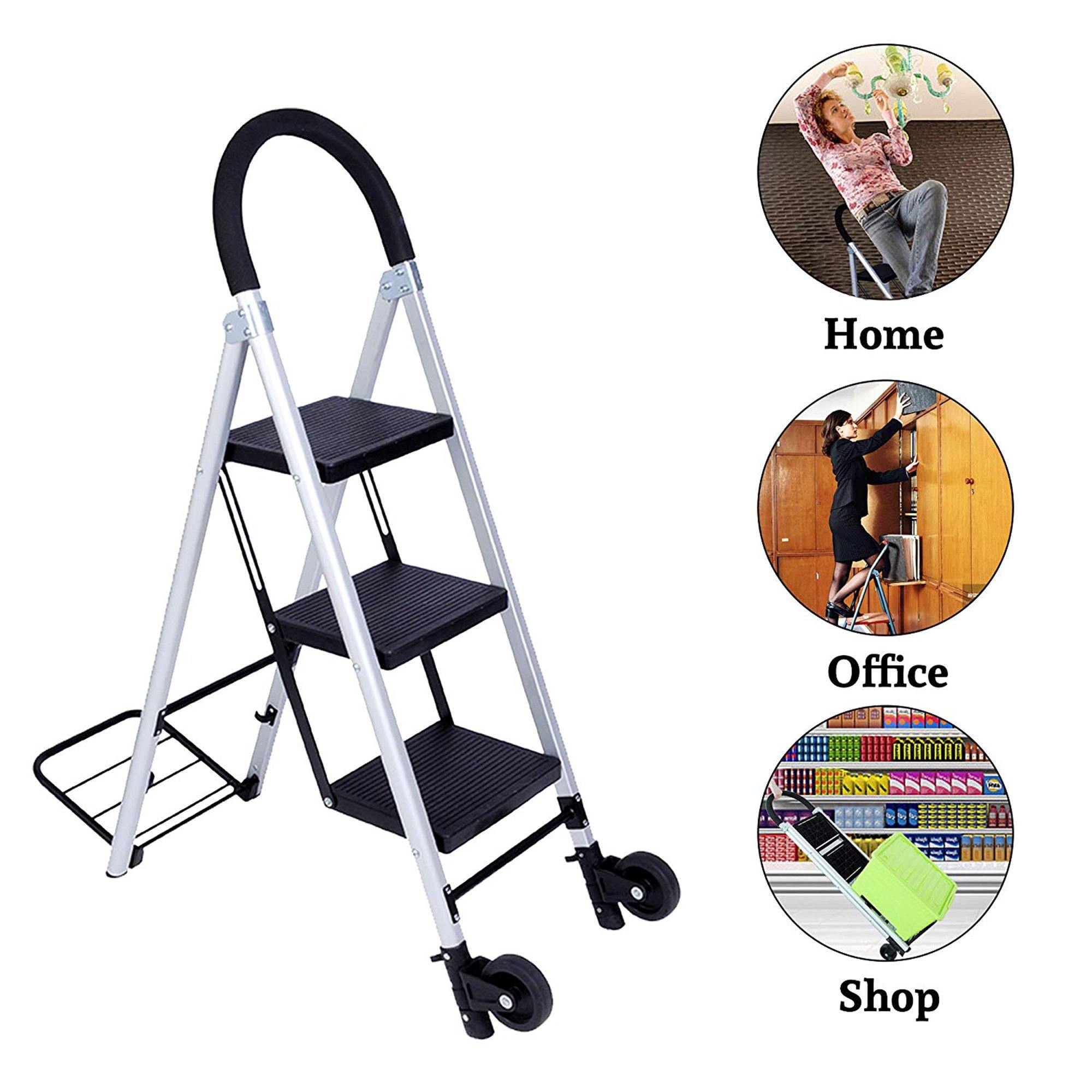 3 Step Ladder Folding Hand Truck 2 in 1 Convertible Aluminum Ladders with Wheels for Home Office - Bosonshop