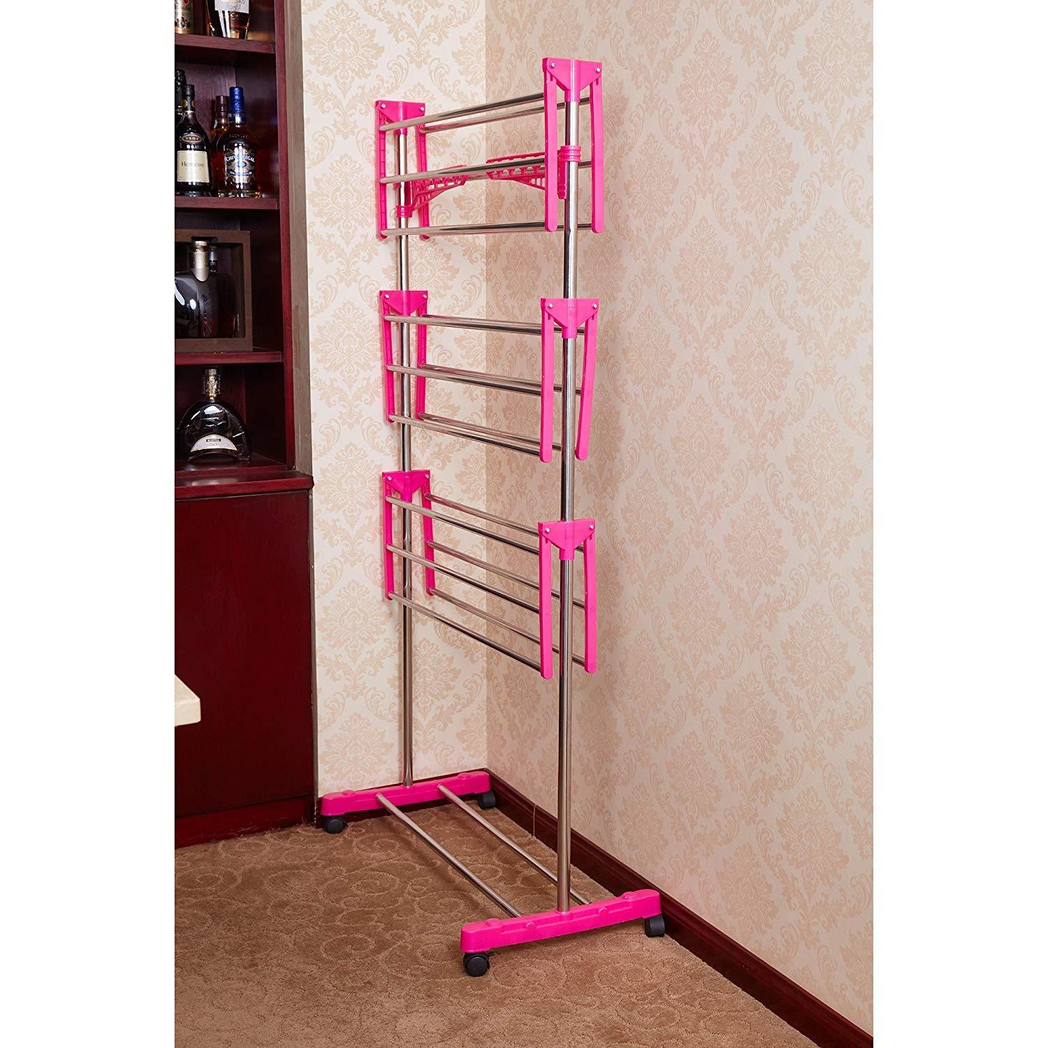 Bosonshop 3-Tier Foldable Rolling Clothes Drying Rack Stainless Steel Garment Rack with Wheels